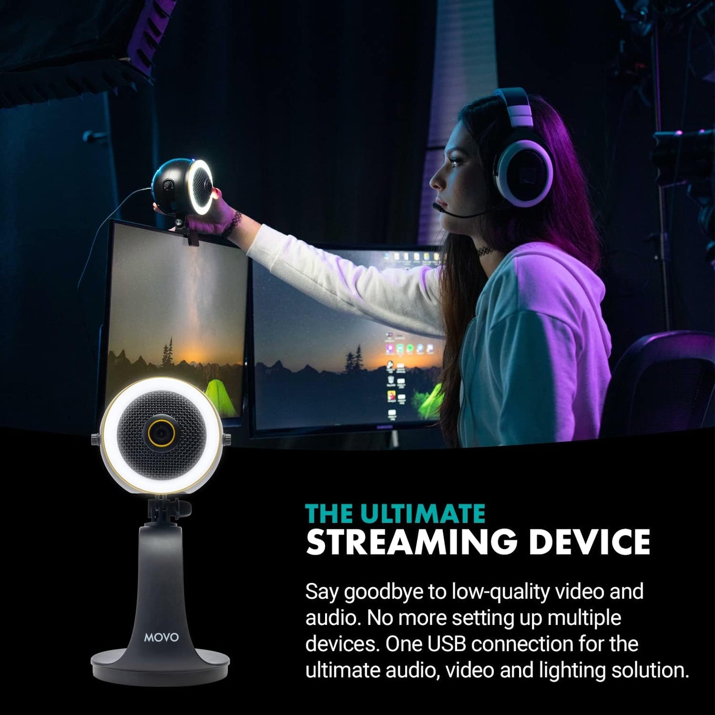 Movo WebMic HD Pro All-in-One Webcam with Microphone and Ring Light- 1080p HD Camera, Pro Cardioid Condenser Microphone, LED Ring Light -HD Webcam for Streaming, Video Conferencing, Recording, Gaming