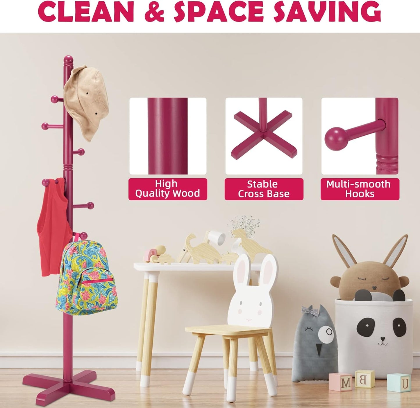 Kids Coat Rack, Freestanding Coat Racks with 8 Hooks 2 Adjustable Height, Tree Coat Rack for Bedroom, Hallway, Entrance, Office, Hats, Handbags,Purse (Dark-Rose) - Lumora Desk