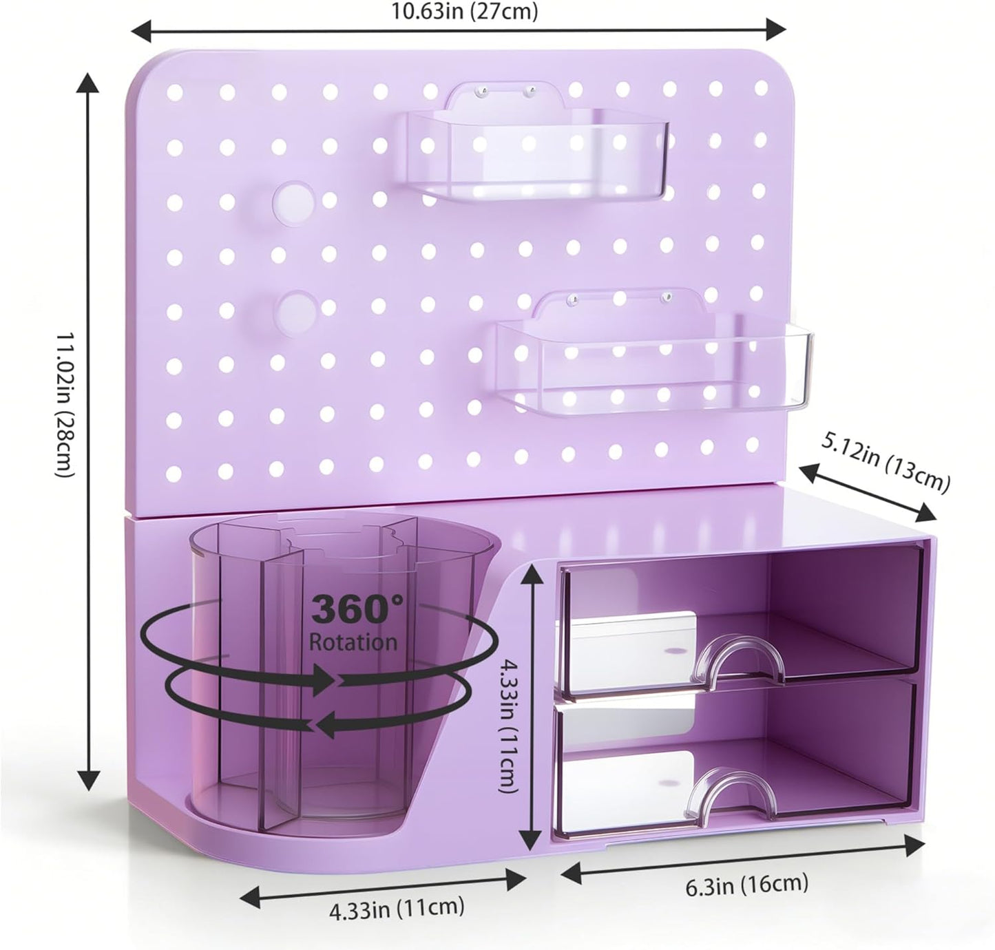 Comix Desk Organizer with Drawer, 360° Rotating Pen Holder for Desk, Pen Organizer with 5 Slots Pencil Holder+Pegboard+2 Drawer for Office Home Art Supplies (Purple)