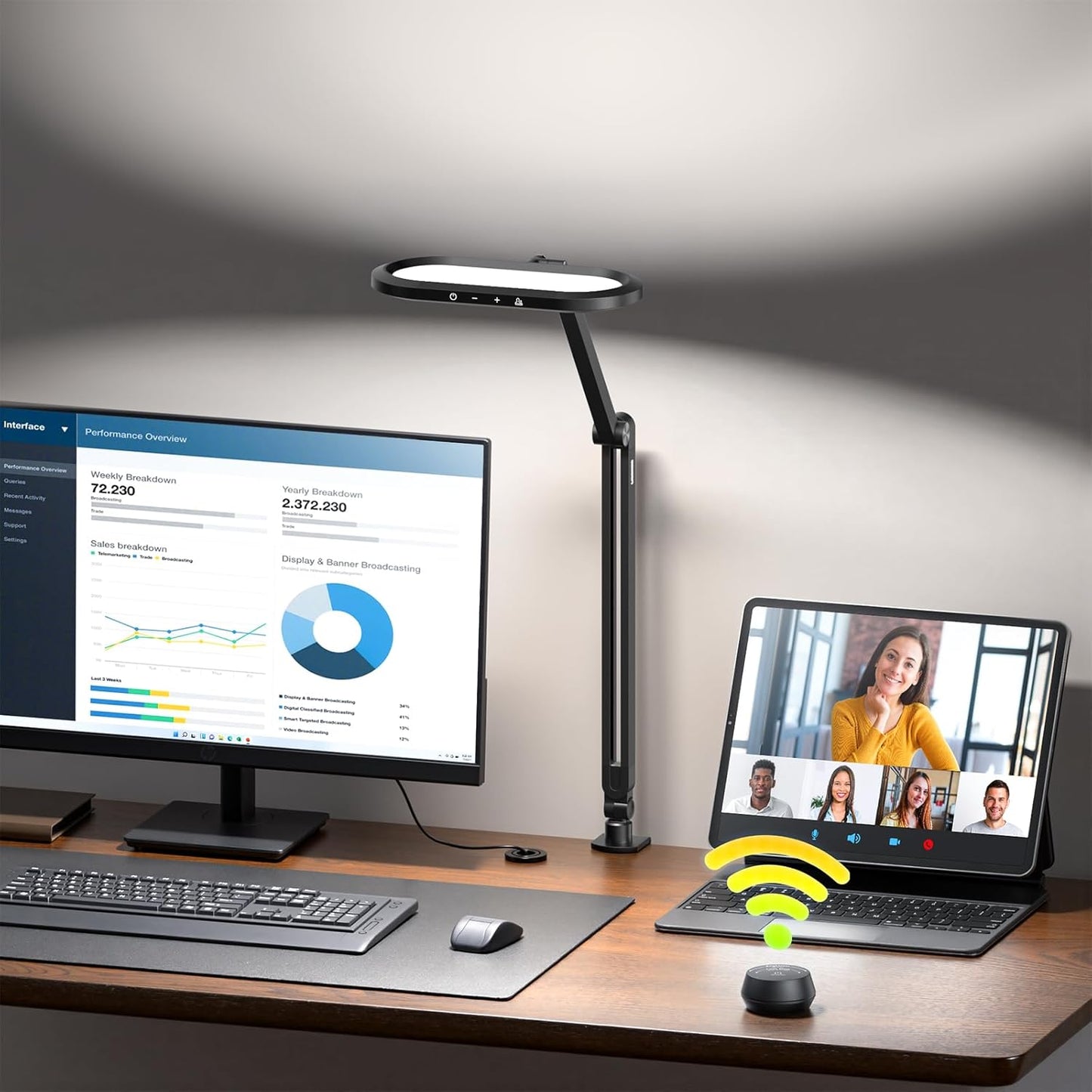 Desk Lamp for Home Office, Eye-Care Dual-Sided Seamless Dimmable LED Desk Light with Knob Remote, Adjustable Arm Clamp Computer Lighting for Video Conference Recording, Zoom Call, Task, Stream