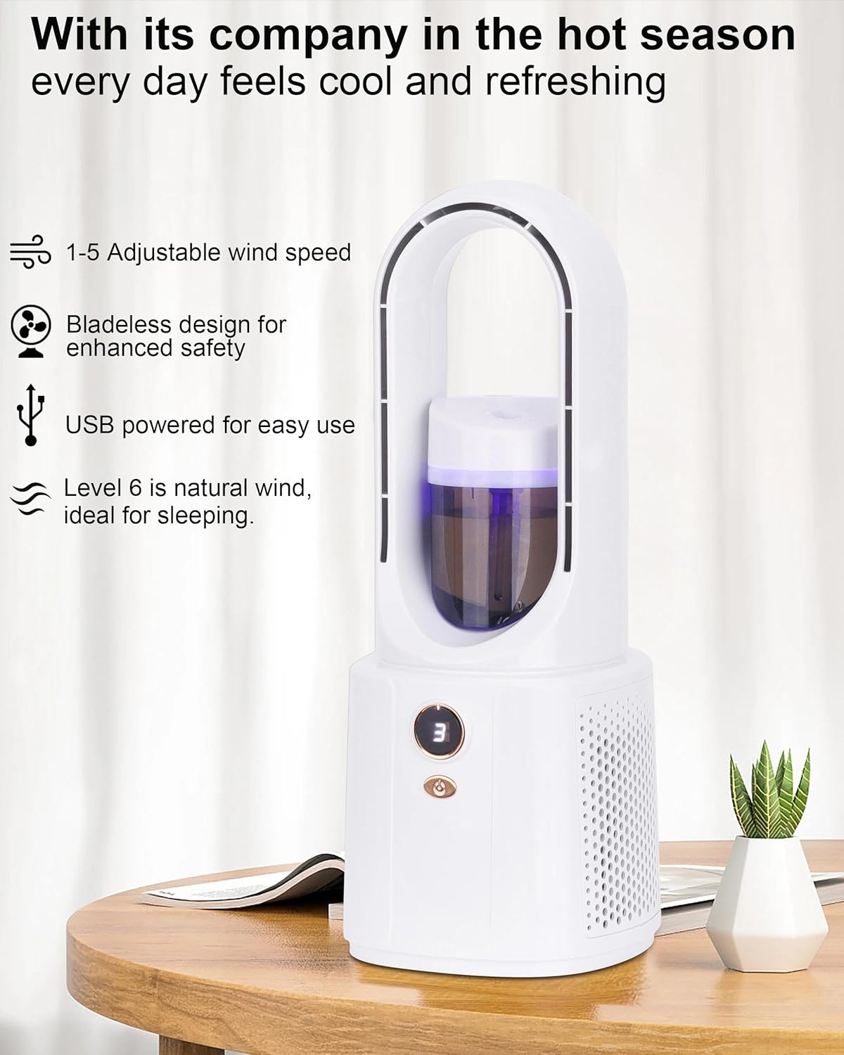 Bladeless Desk Fan, Small Desk Fan with Cooling Mist Humidifier for Bedroom Office, Small Table Fan with 5 Speeds, Touch Control, Easy to Clean