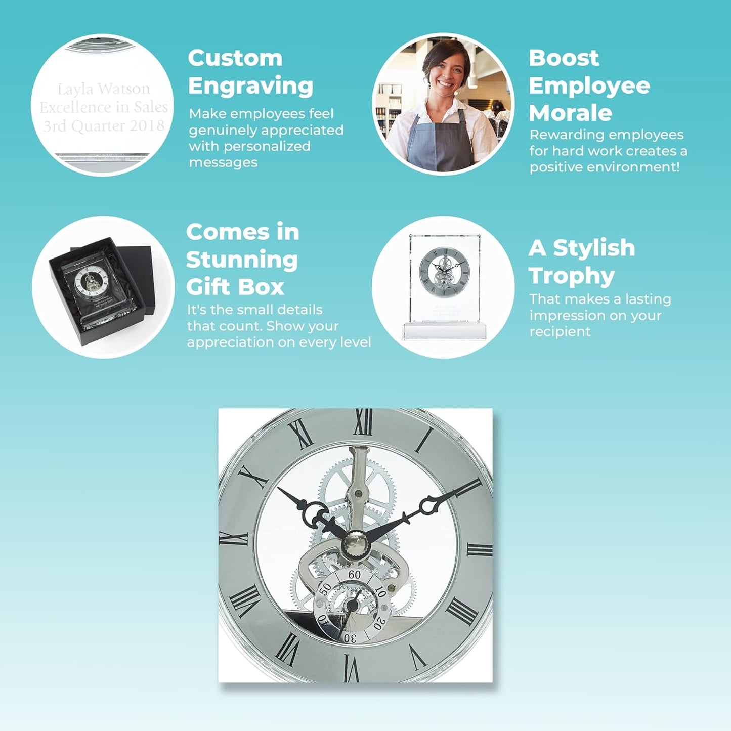 Baudville Engraved 7" Clock Trophy - Clear Crystal with Silver Accents - Silver Inset Time Piece - Personalized Engraving Up to Three Lines and Pre-Written Verse Selection