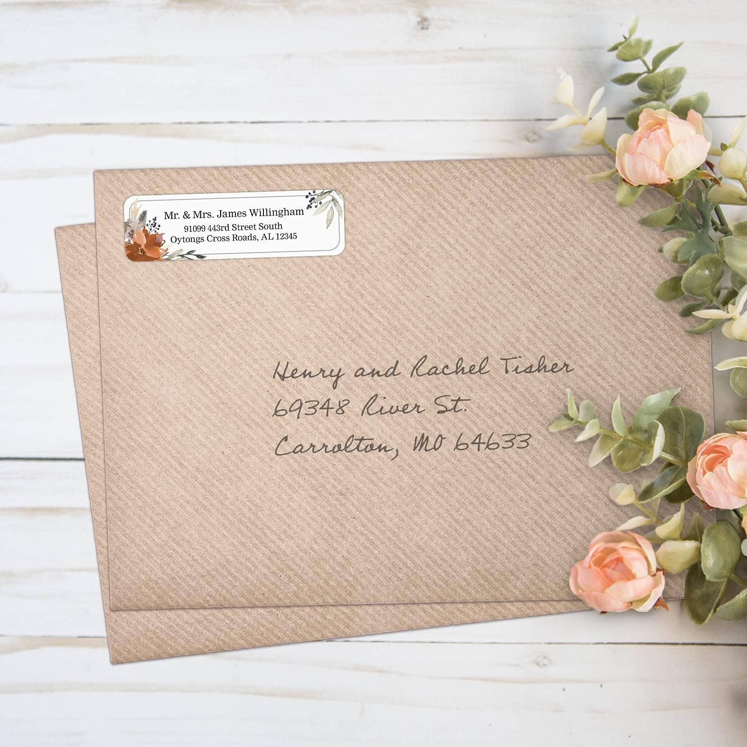 Indie Floral Rolled Address Labels/Roll of 500 Personalized Return Address Labels/Designer Return Address Stickers in Elegant Plastic Dispenser - Lumora Desk