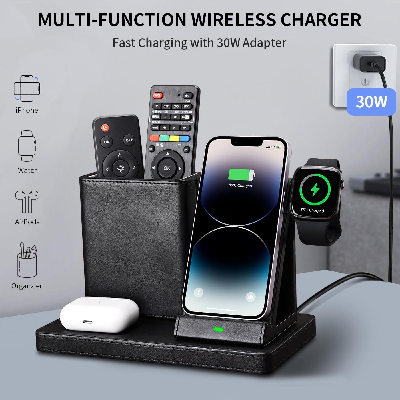 KINGFOM Leather Desk Organizer with Charging Station Multi-Functional Phone Pen Pencil Holder for Desk Desk Organizers and Accessories for Office Home Supplies (S)
