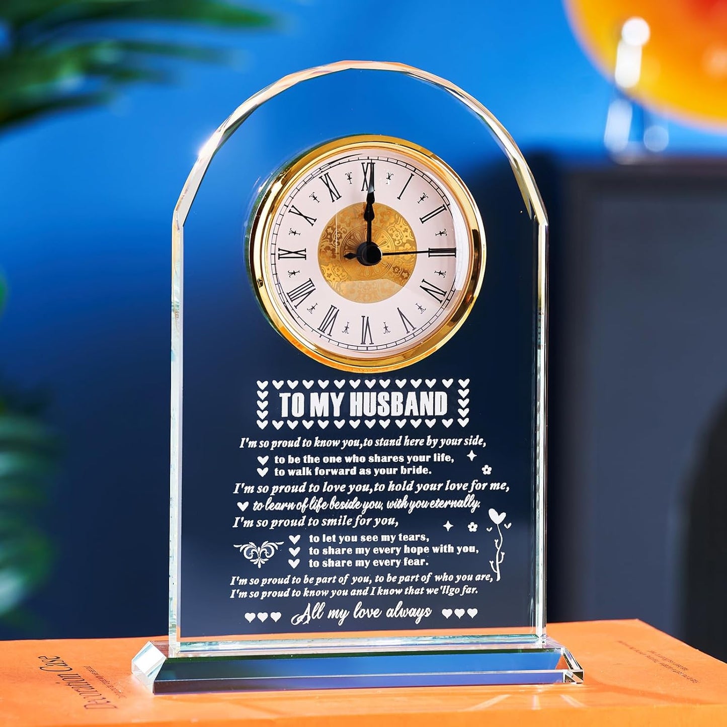 Gifts for Husband from Wife，Romantic Birthday Gifts for Husband Home Office Desk Decorations, Christmas, Wedding Anniversary, Valentine's Day and Father's Day Gifts Glass Clock Gift (Battery not Included) (Husband Gifts)