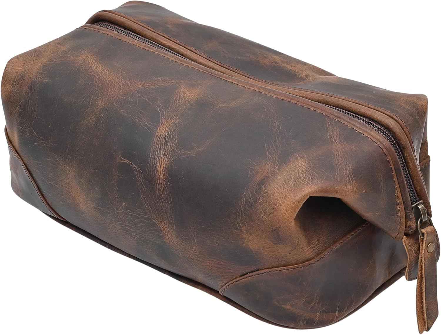 Leather Toiletry Bag for Men & Women with water resistant lining, Grooming kit, Travel Pouch, Unisex wash bag for Toiletries, Gifts for Men and Women