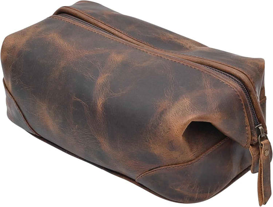 Leather Toiletry Bag for Men & Women with water resistant lining, Grooming kit, Travel Pouch, Unisex wash bag for Toiletries, Gifts for Men and Women