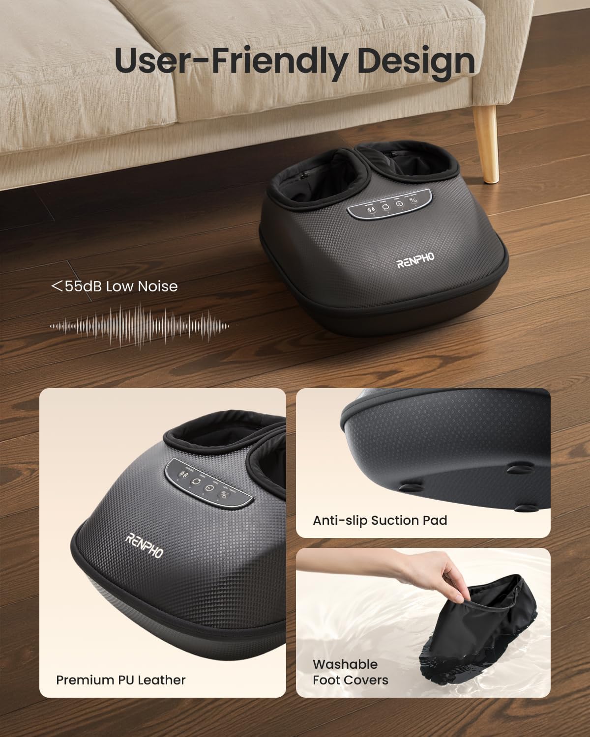 RENPHO Foot Massager with Heat [2026 Upgraded], 3 Levels Compression Deep Kneading, FSA Eligible HSA Shiatsu Massager for Plantar Fasciitis, Father Day Gifts for Husband Men, Size Up to 13", Black