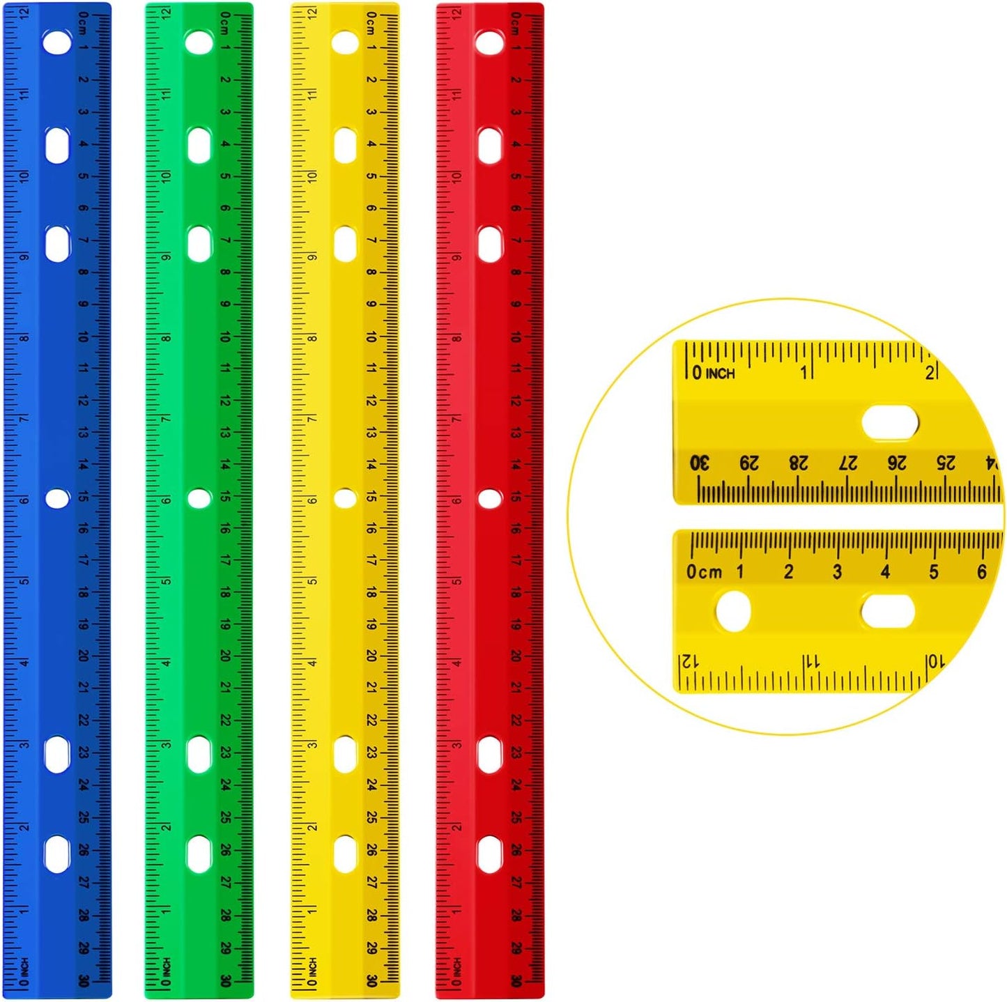 Chuangdi 20 Pieces 12 Inch Rulers Bulk Plastic Colorful Rulers for Kids Student Classroom School Office(6 Hole,Solid Color)