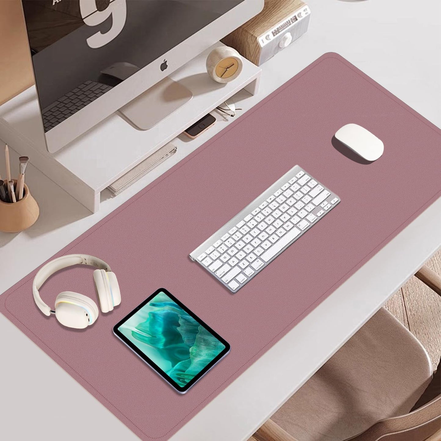 Dual-Sided Desk Pad, Natural Cork & PU Leather Mouse Pad for Desk, Desk Pad Protector, Non-Slip Desk Mat for Office and Home Work, (Purple Pink, 23.6" x 13.7")