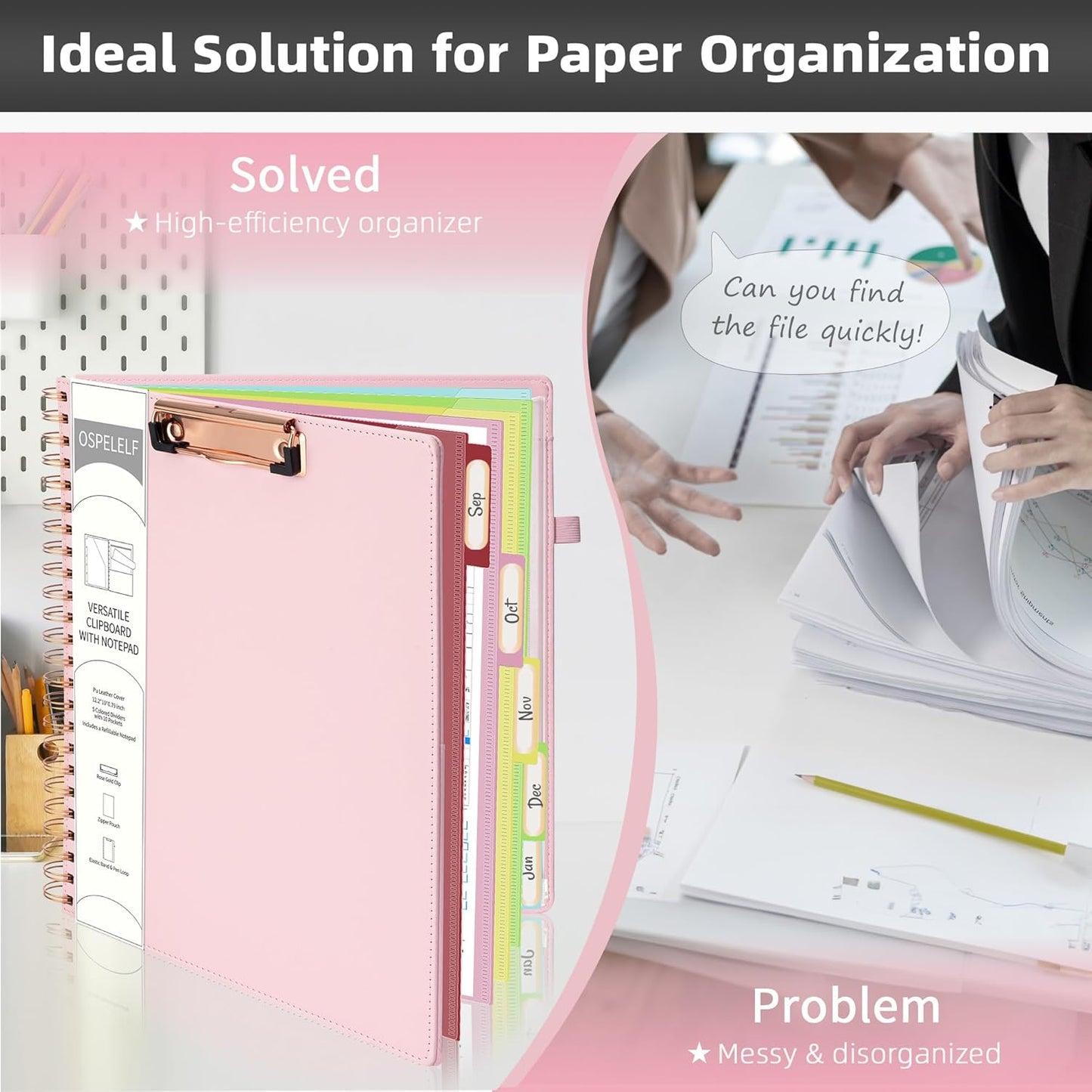 Ospelelf Leather Clipboard Folio with Notepad for Letter Size, Spiral Clipboard Folder with Storage Zipper Pouch, 5 Folders with 10 Pockets, 39 Divider Label Stickers, Pen Loop Series (Pink)