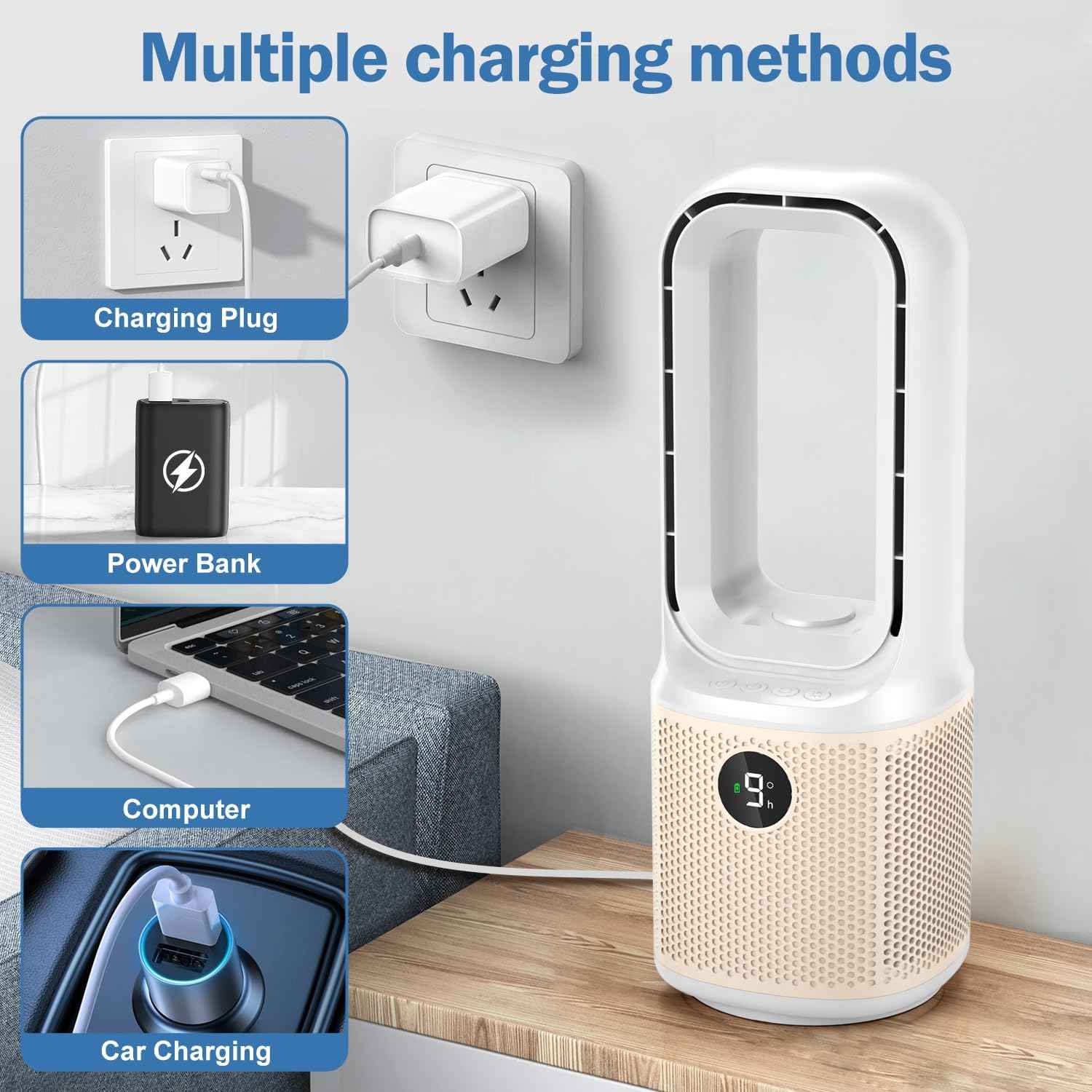 Small Bladeless Desk Fan Quiet, 14 Inch USB Rechargeable Table Fan with 5000mAh Battery, 60° Oscillating 9 Speeds Touch Control, 3 Light Modes, Mini Portable Fan for Office Bedroom Living Room