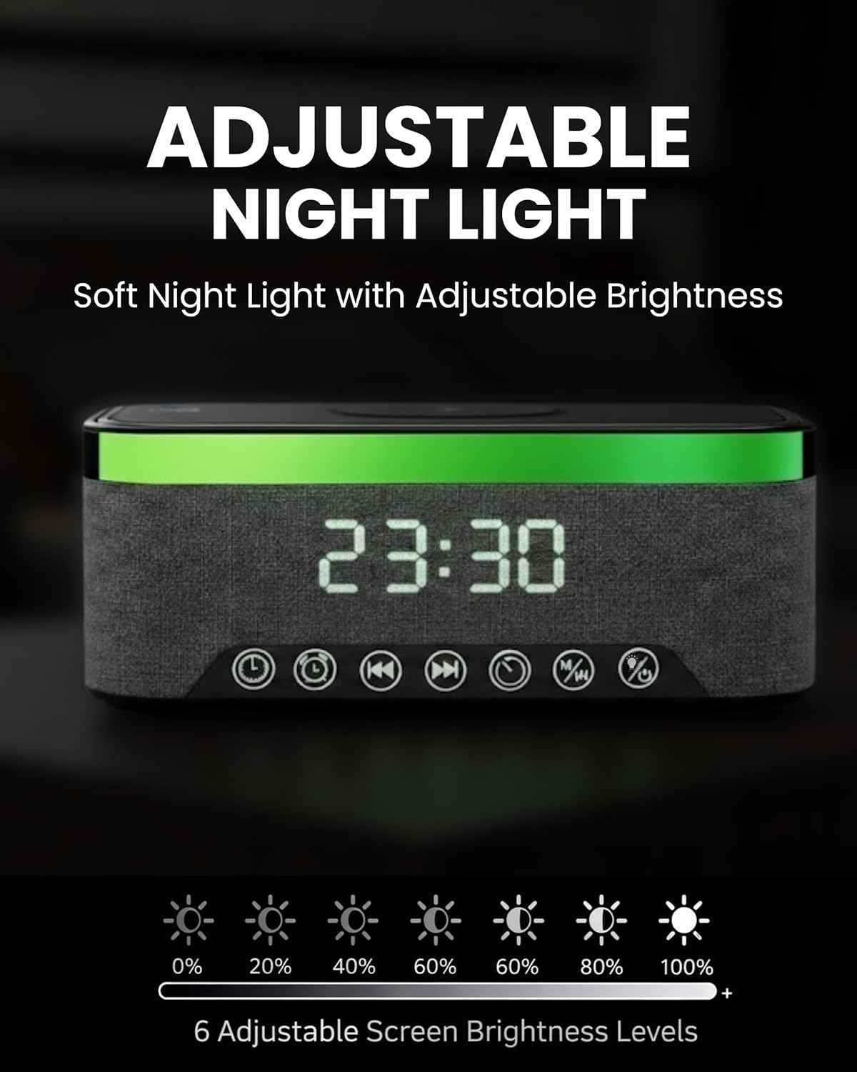 Wireless Charging Alarm Clock with Bluetooth Speaker, FM Radio, Night Light, Dual Alarm, USB Charger, LED Bedside Clock