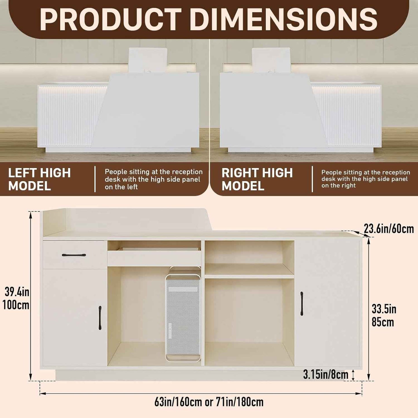 Reception Desk with Counter, Modern Reception Desk with Drawers & 2 Storage Cabinets & 3 Storage Compartments, Front Desks Reception Counter for Salon/Office/Store (Black-Right, 71inch/180cm)