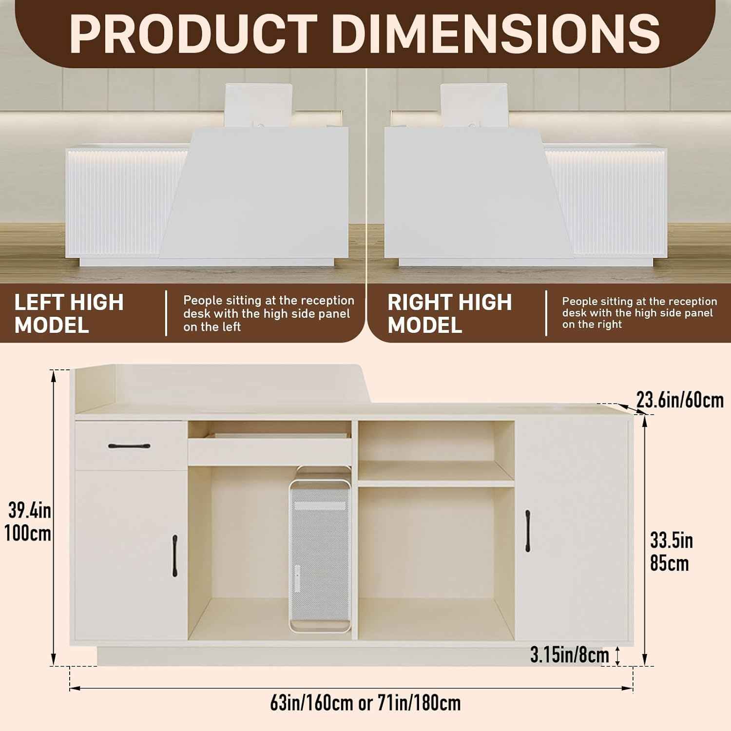 Reception Desk with Counter, Modern Reception Desk with Drawers & 2 Storage Cabinets & 3 Storage Compartments, Front Desks Reception Counter for Salon/Office/Store (Black-Right, 71inch/180cm)