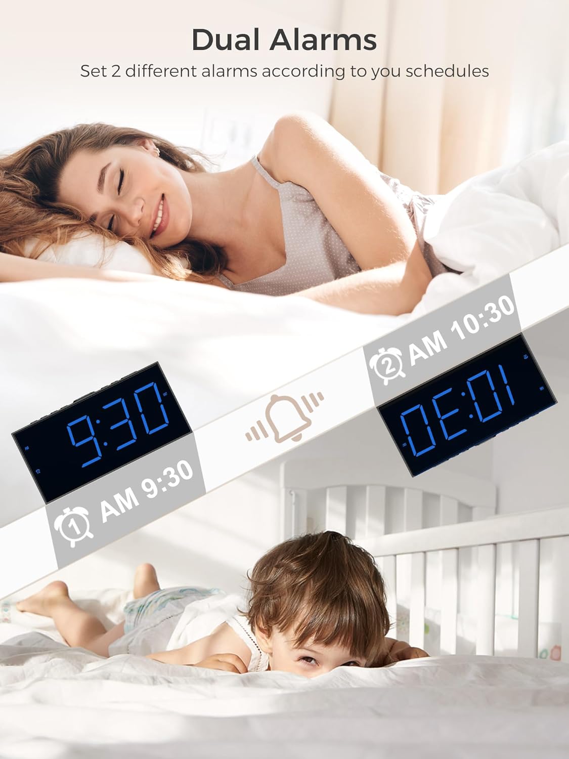 Digital Dual Alarm Clock for Bedroom, Large Display Bedside with Battery Backup, USB Phone Charger, Volume, Dimmer, Easy to Set Loud LED Heavy Sleepers Kid Senior Teen Boy Girl Kitchen