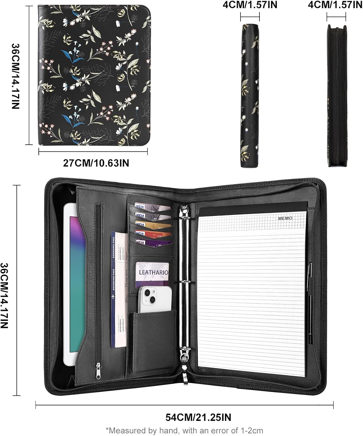 Leathario Portfolio Binder, Includes 5 Folder Index Dividers and 3 Notepads, 3-Ring Folder Organizer, Padfolio with Zipper, Vegan Leather Tablet Sleeve, Business Office Conference Clipboards