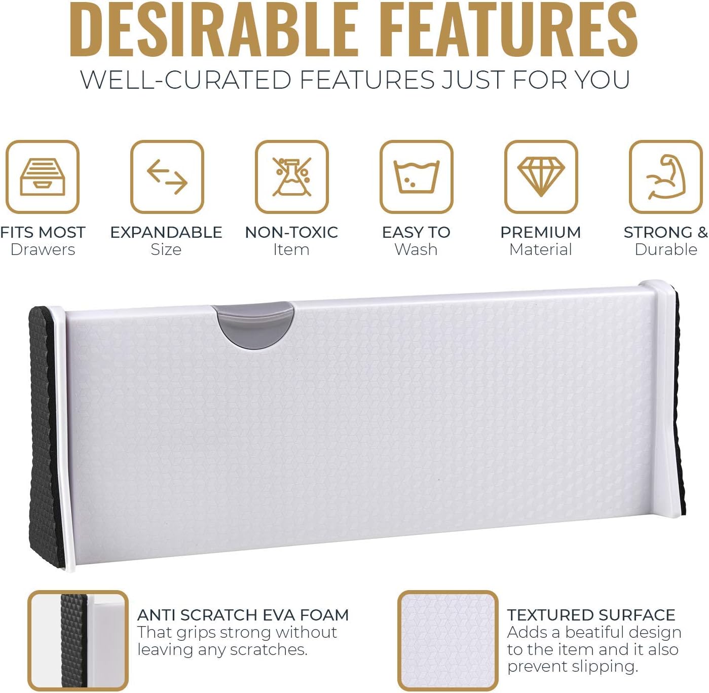 RAPTUROUS 4" Tall Drawer Dividers, 8-Pack, 11-17" Long, Expandable & Adjustable, Strong & Sturdy Non-Slip Dividers for Dresser, Closet, Kitchen, Nursery, and Office (White)