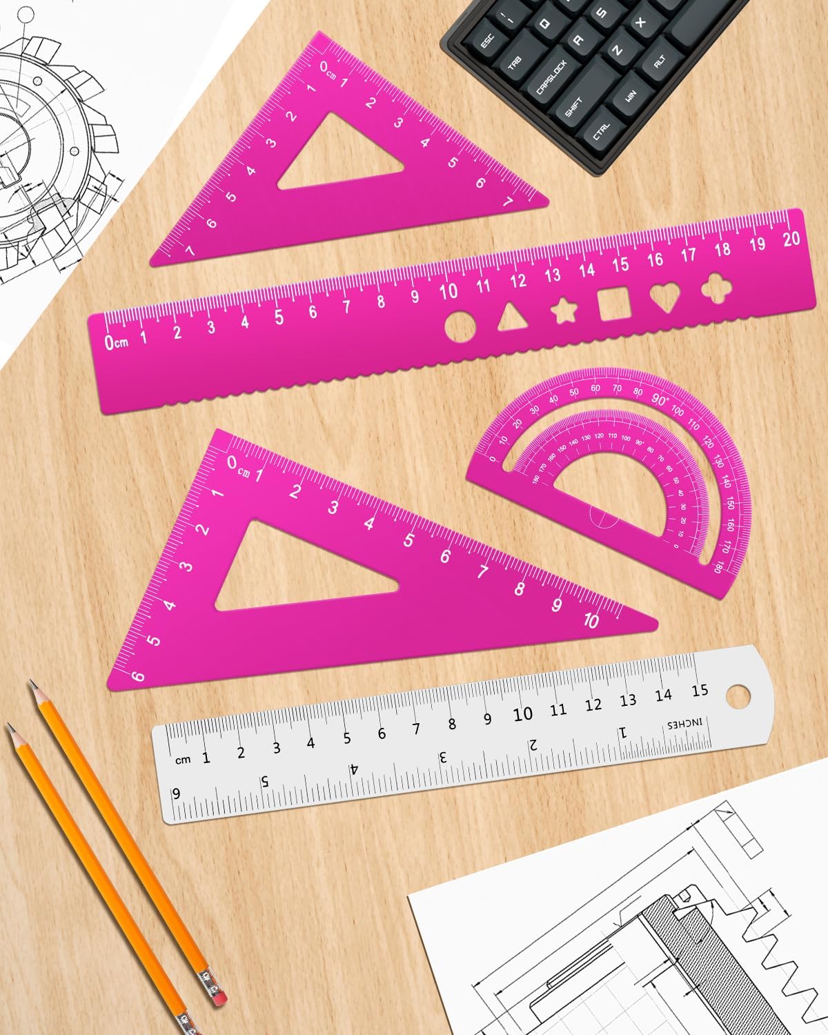 Honagu Triangular Ruler Set, 4+1Pieces Aluminum Alloy Ruler, Metal Drafting Ruler, Geometric Protractor for Students, School Office Supplies (Pink, 20cm)