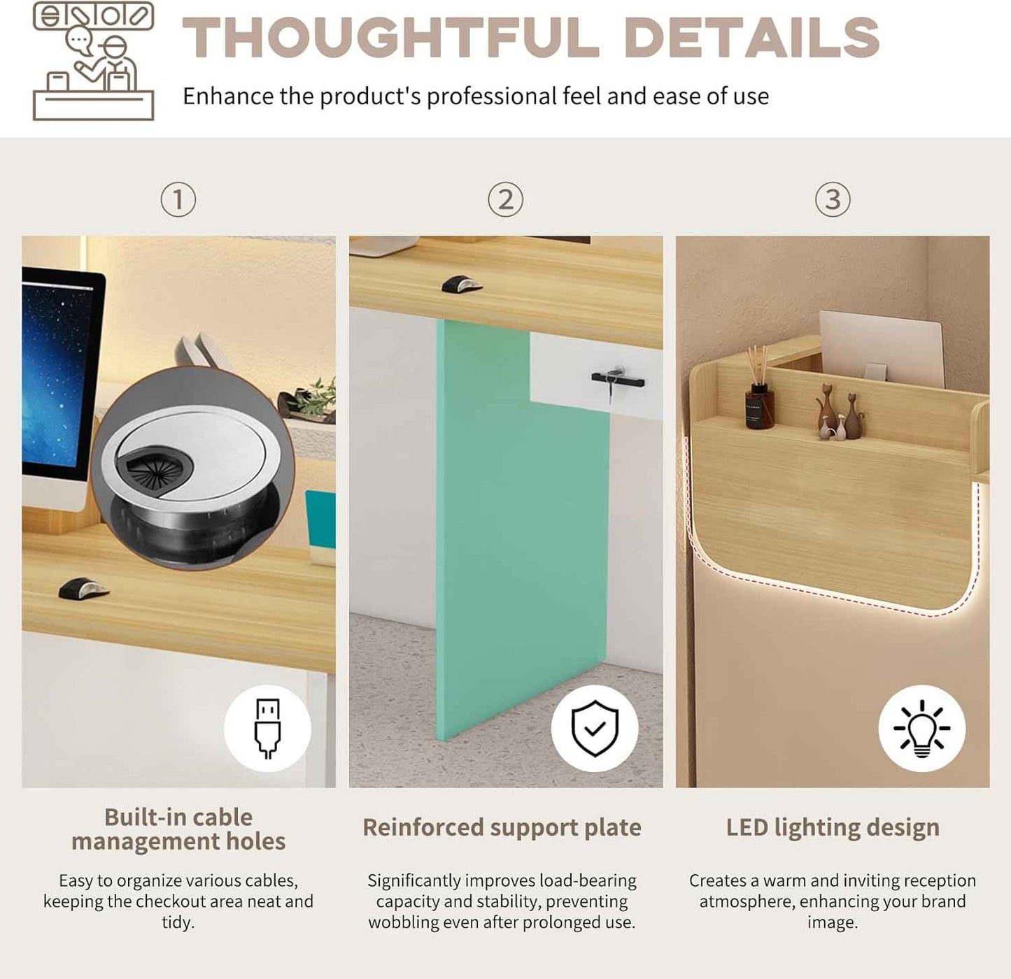 Reception Desk with Counter, LED Light Strip, Cable Management Hole, Lockable Drawer & Storage Cabinet, 39–102 Inch Modern Front Counter Desk for Salon, Lobby, Retail Store, Office Home Office