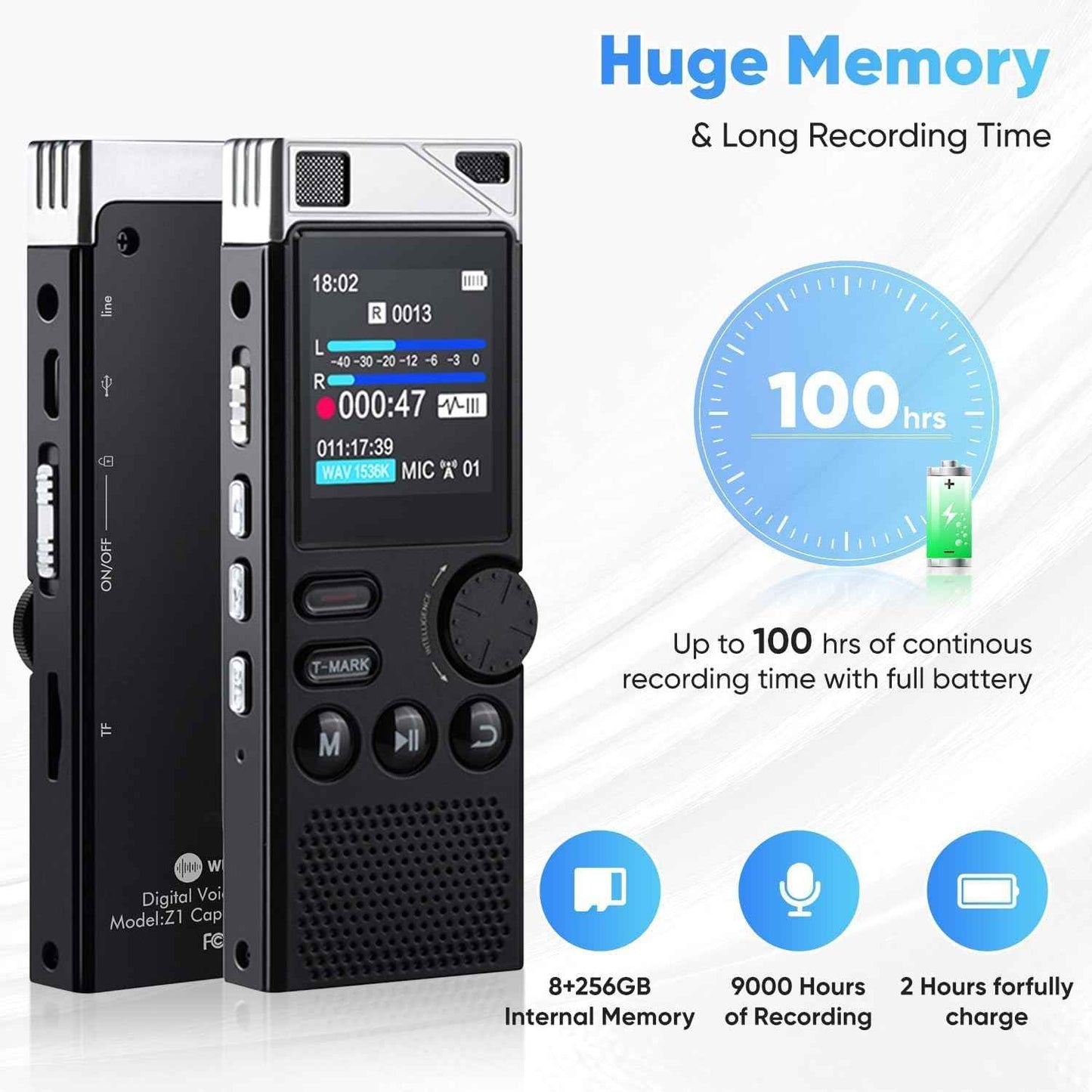 Professional 264GB WUCOTC Digital Voice Recorder - Voice Activated Recorder for Lectures Meetings - 18000 Hours Recording Device with Playback, MP3 Player, Password Protection, Variable Speed