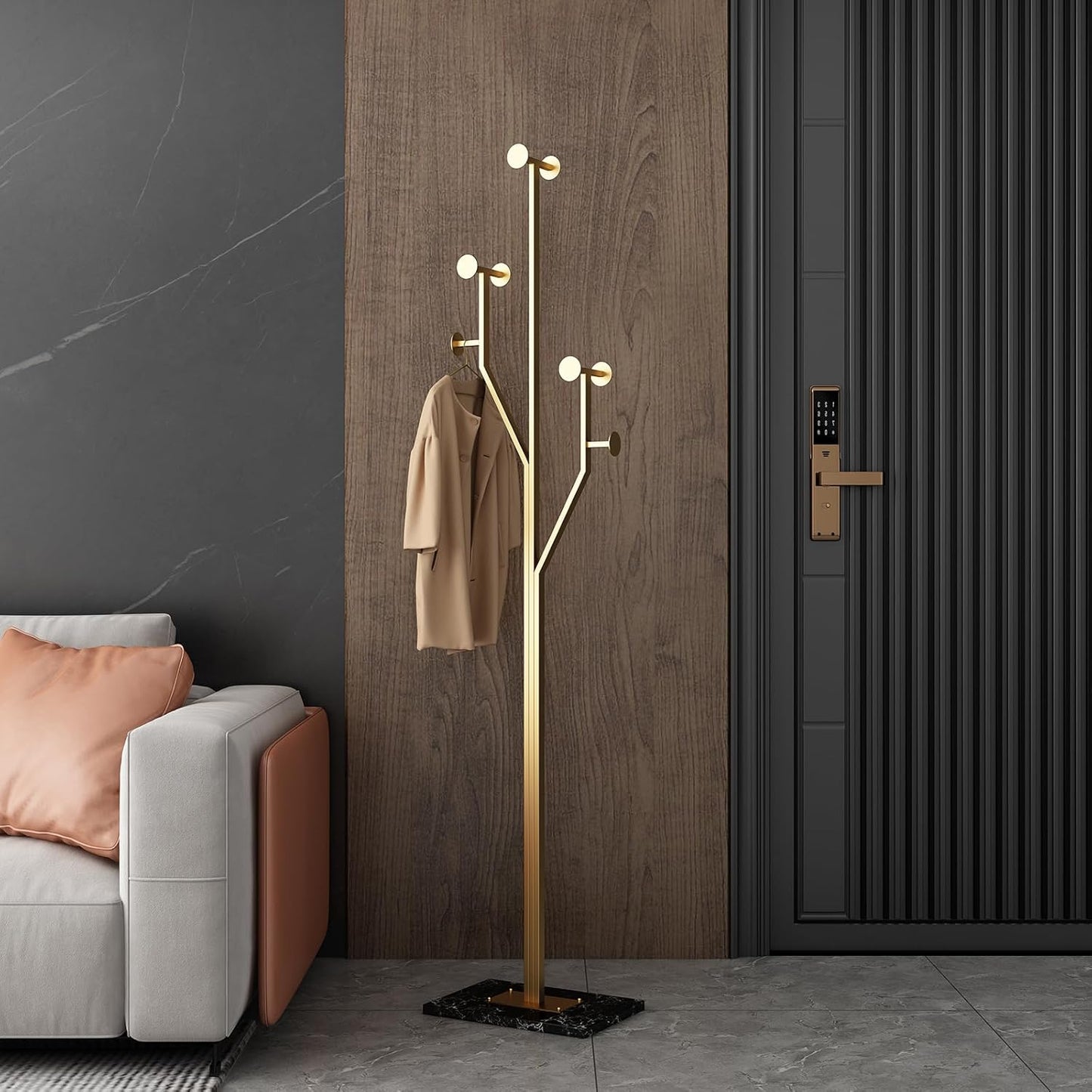 Heavy Duty Coat Rack Tree-shaped Metal Freestanding Coat Tree with Sturdy Marble Base Corner Coat Rack for Bedroom Entryway Hallway 14.96 x 10.24 x 68.9 Inches (Gold) - Lumora Desk