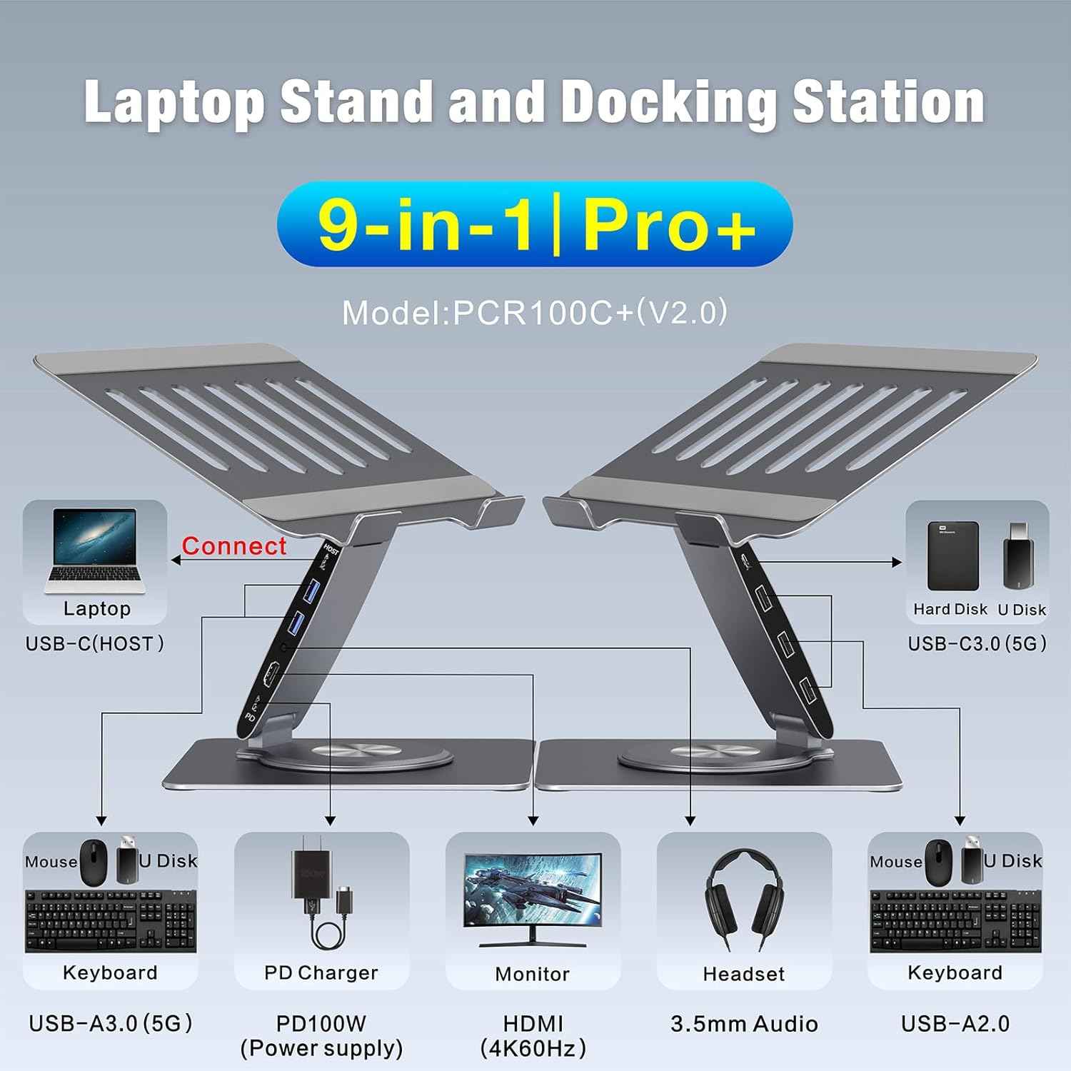 Adjustable Laptop Stand for Desk with Docking Station 9-in-1, Aluminum Laptop Riser with USB Hub, 360° Swivel, Dual Display 4K60Hz HDMI, 3 USB3.0, 100W PD Charging, for MacBook Pro Air/Dell/HP 7-15.6"