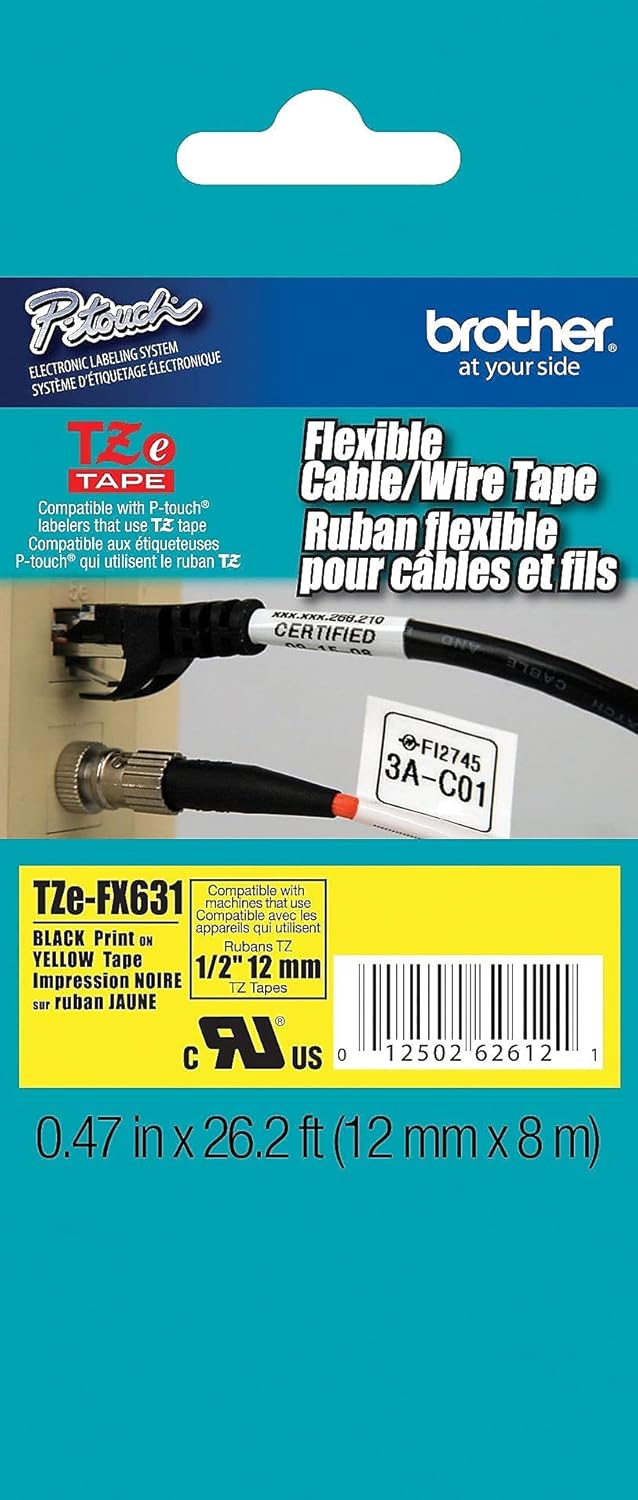 Brother Laminated Flexible ID Black on Yellow 1/2 Inch Tape - Retail Packaging (TZeFX631) - Retail Packaging