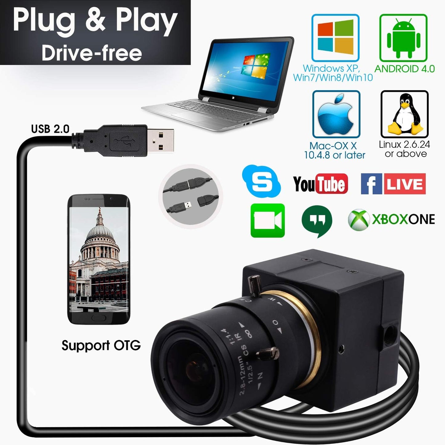 SVPRO 8MP USB Webcam with Zoom Lens,2.8-12mm Optical Zoom Camera with Sony IMX179 Sensor,High Definition Webcam3264x2448 HD Video Camera USB2.0 UVC Plug and Play Camera Support OTG