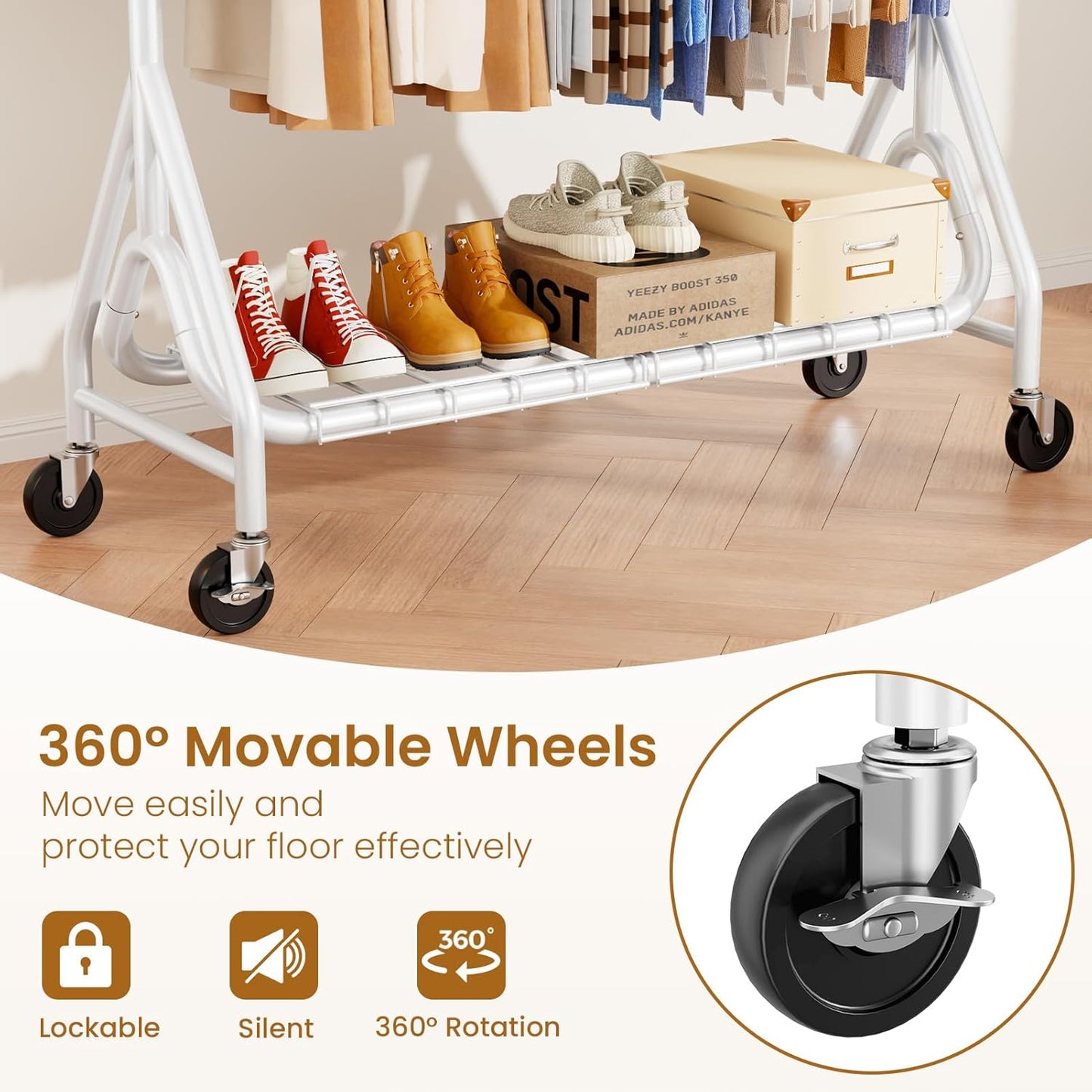 Double Rods Clothing Rack, Heavy Duty Clothes Rack for Hanging Clothes Load 560LBS, Metal Rolling Garment Racks with Wheels, Freestanding Clothes Hanging Racks, White - Lumora Desk