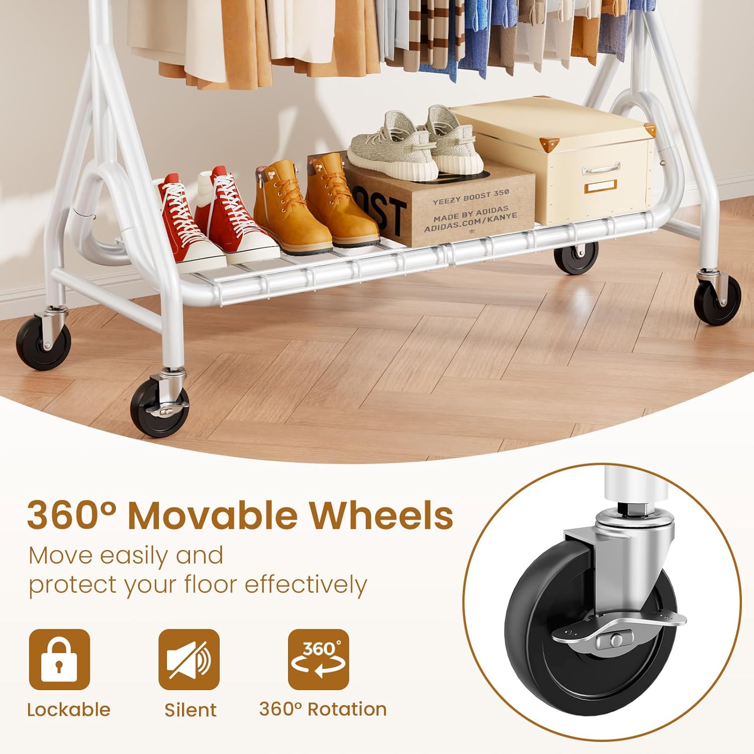 Double Rods Clothing Rack, Heavy Duty Clothes Rack for Hanging Clothes Load 560LBS, Metal Rolling Garment Racks with Wheels, Freestanding Clothes Hanging Racks, White - Lumora Desk