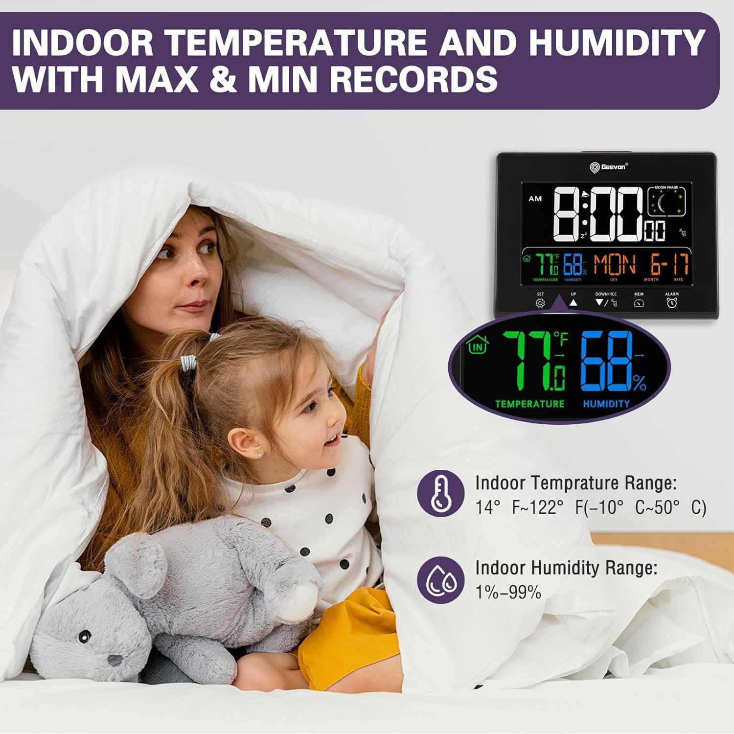 Geevon Digital Atomic Alarm Clocks for Bedrooms with 2 USB Ports, Color VA Display Atomic Clock with Indoor Temperature and Humidity, DST, Calendar, and Moon Phases for Seniors Elderly