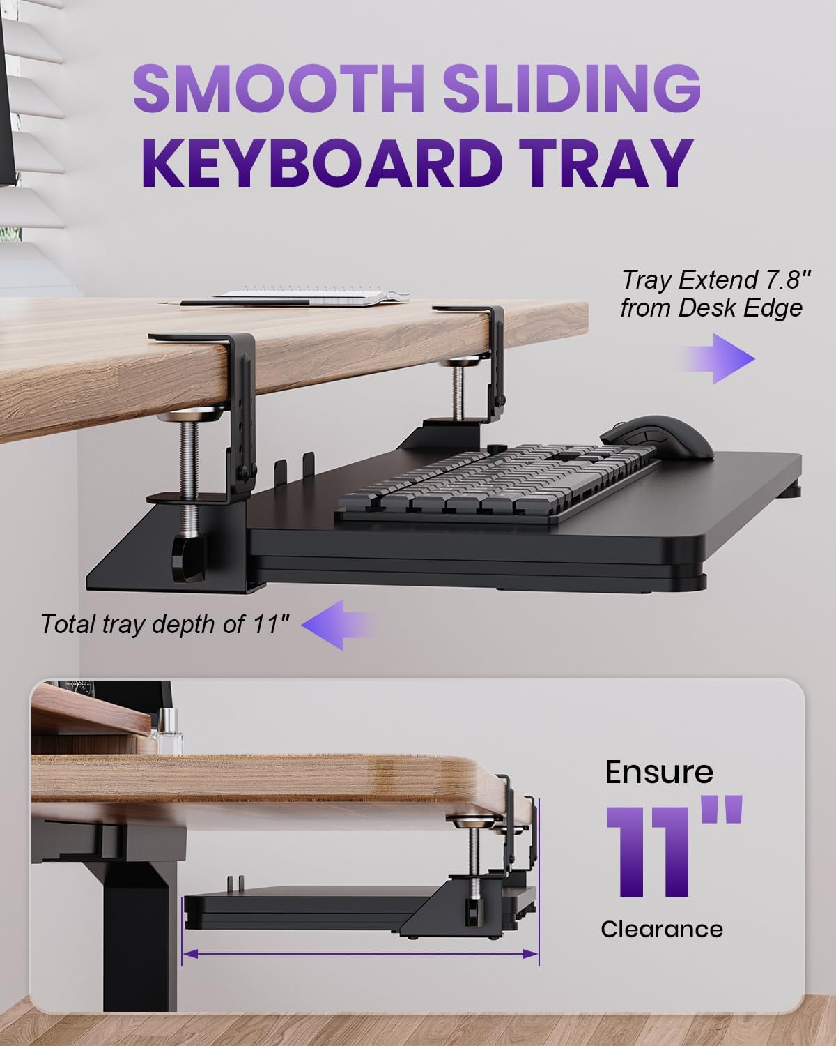 Ergonomic Keyboard Tray Under Desk, Pull Out with Adjustable C-clamp, 25.6 (31.5 Including Clamps) x 11.8 Inch Slide Out Computer Keyboard Drawer Mouse Tray for Typing, Large & Black