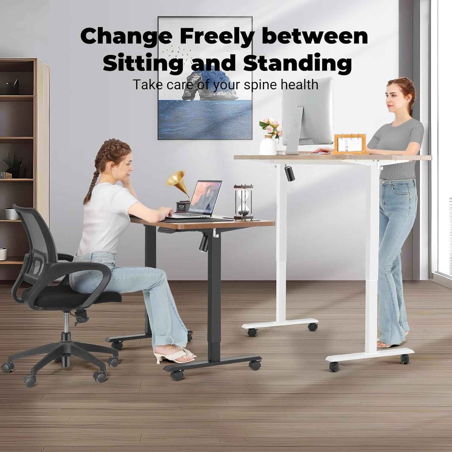 Electric Standing Desk 63 x 24 Inches Adjustable Height Ergonomic Sit Stand Up Curved Desk for Home Office Computer Desk Memory Preset with Wheels and White Frame/Oak Top