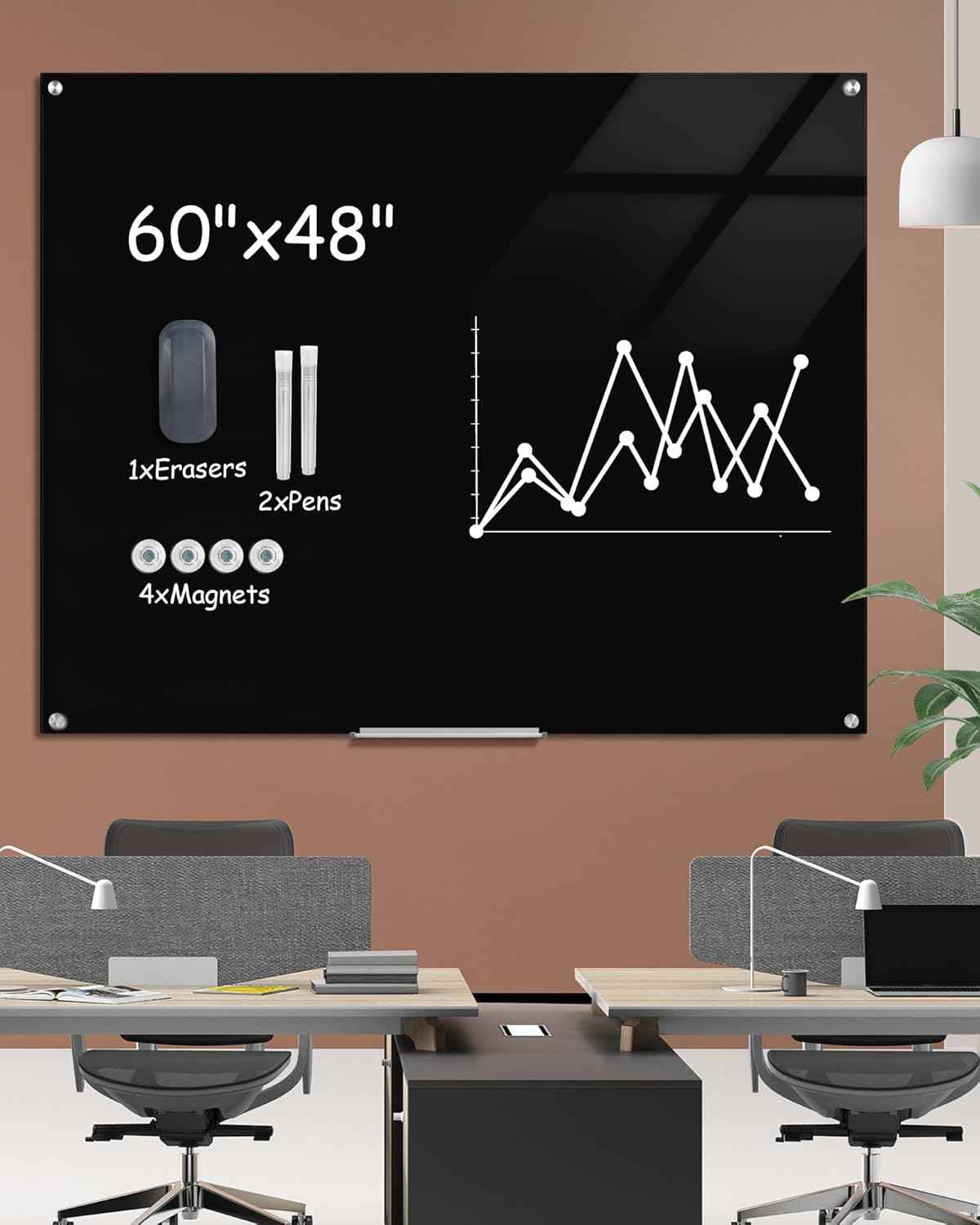 Mifuro Magnetic Glass Whiteboard，60"x48" Wall Mounted Frameless Dry Erase Board for Office, Home & School Black