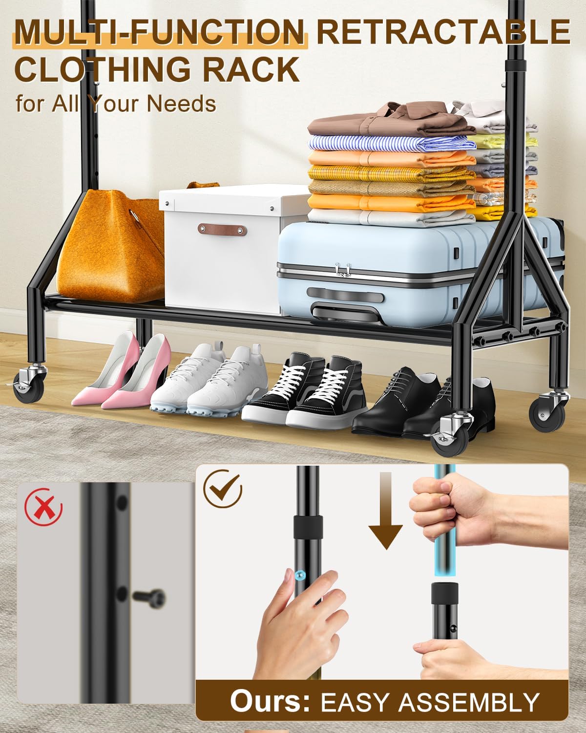 Heavy Duty Clothes Rack Load 520LBS, Adjustable Rolling Clothing Rack with Sturdy Wheel, Metal Industrial Closet Garment Racks for Hanging Clothes Coat, Portable for Bedroom, Laundry Living Room - Lumora Desk