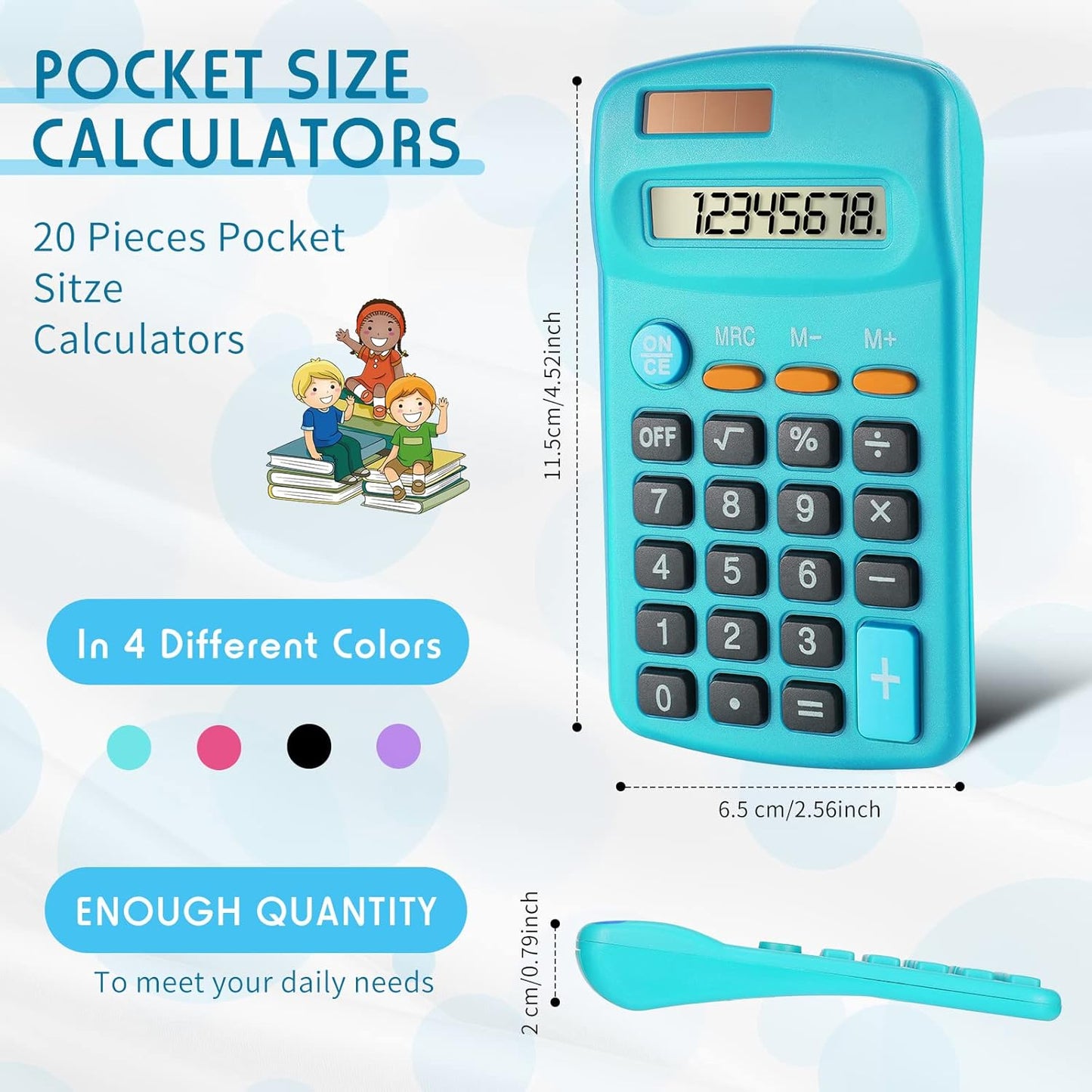 20 Packs Pocket Size Mini Basic Calculators for Students 8 Digit Display Solar Battery Dual Power Small Calculators for Desktop Home Office School Students Kids, 4 Colors