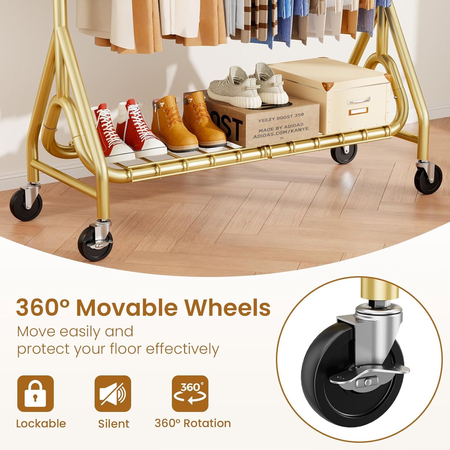 Double Rods Clothing Rack, Heavy Duty Clothes Rack for Hanging Clothes Load 560LBS, Metal Rolling Garment Racks with Wheels, Freestanding Clothes Hanging Racks, Gold - Lumora Desk