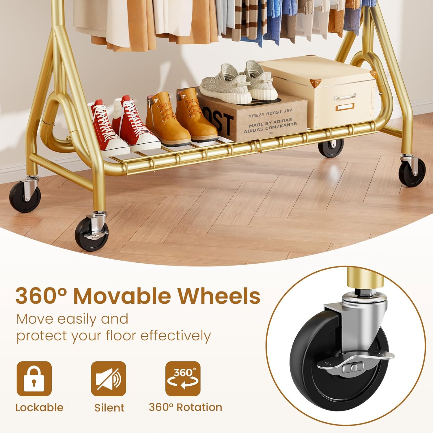 Double Rods Clothing Rack, Heavy Duty Clothes Rack for Hanging Clothes Load 560LBS, Metal Rolling Garment Racks with Wheels, Freestanding Clothes Hanging Racks, Gold - Lumora Desk