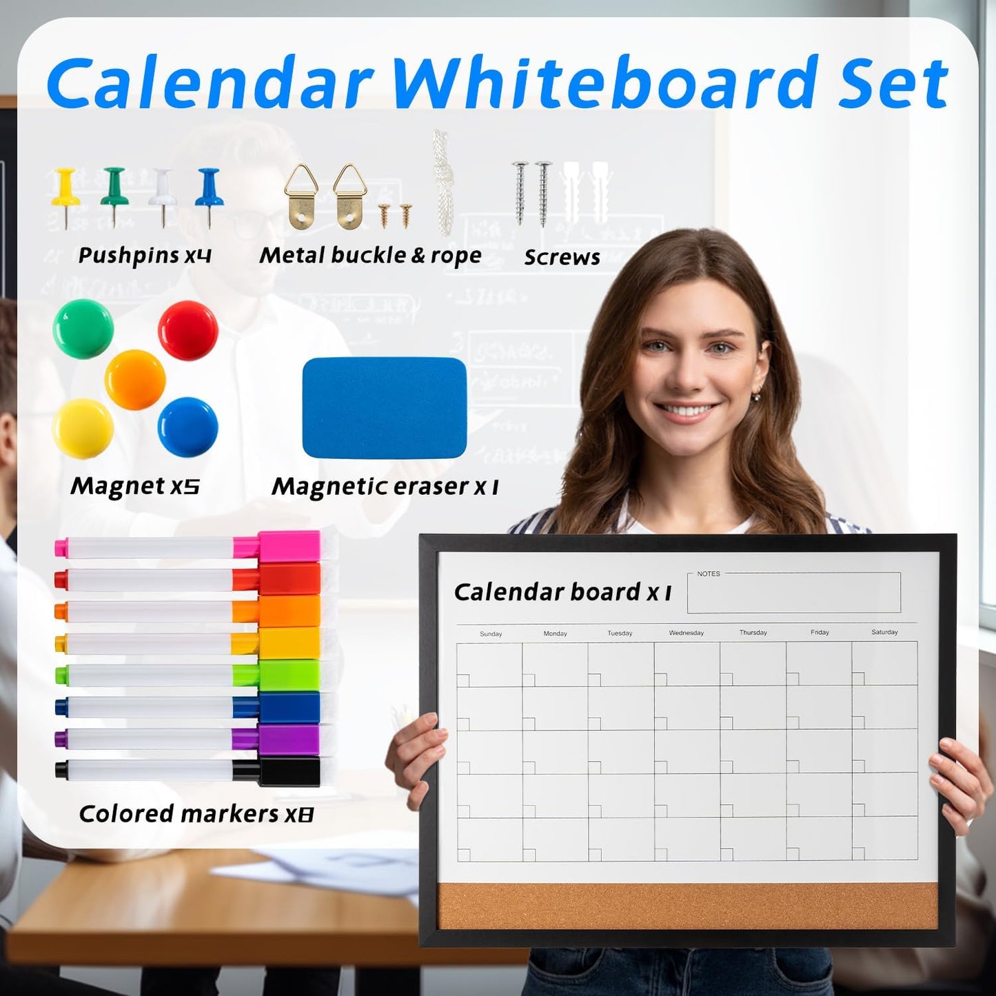 Dry Erase Calendar Whiteboard, 17" x 13" Magnetic Whiteboard Cork Board Combo, Reusable Monthly Planner with 8 Markers, Eraser, Magnets and Pushpins, Hanging Dry Erase Board for Home, School - Black - Lumora Desk