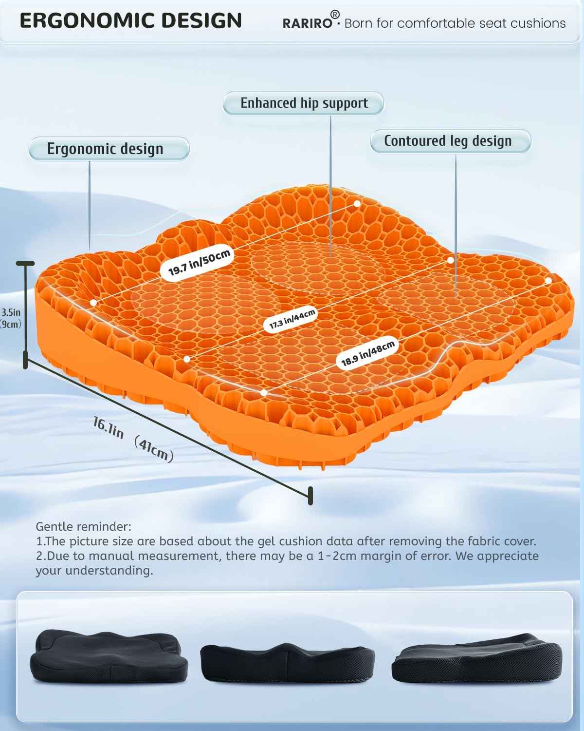 Gel Seat Cushion for Long Sitting(Enlarged&Thickened), Cooling Pressure Relief Seat Cushion for Wheelchair, Driving, Kayak, Office Desk Chair Seat Pad Gel for Heavy People[Orange-19.7" Large]