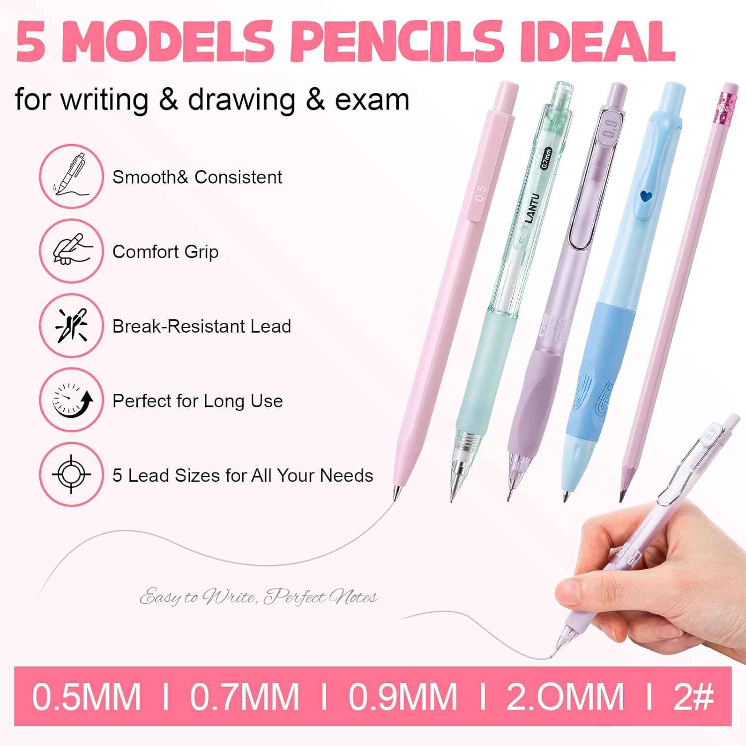 Eersida 47 Pcs Aesthetic School Supplies with Cute Pen Case, Mechanical Pencils 0.5mm, 0.7mm, 0.9mm & 2.0mm with Leads and Eraser Refills, Wood Pencils #2, for Writing, Drawing & Drafting (Pink)