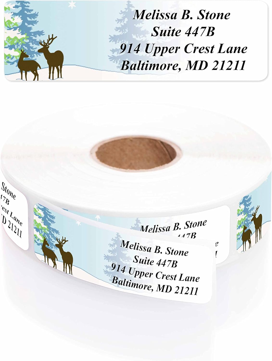 Festive Deer Designer Rolled Address Labels with Elegant Plastic Dispenser - Lumora Desk