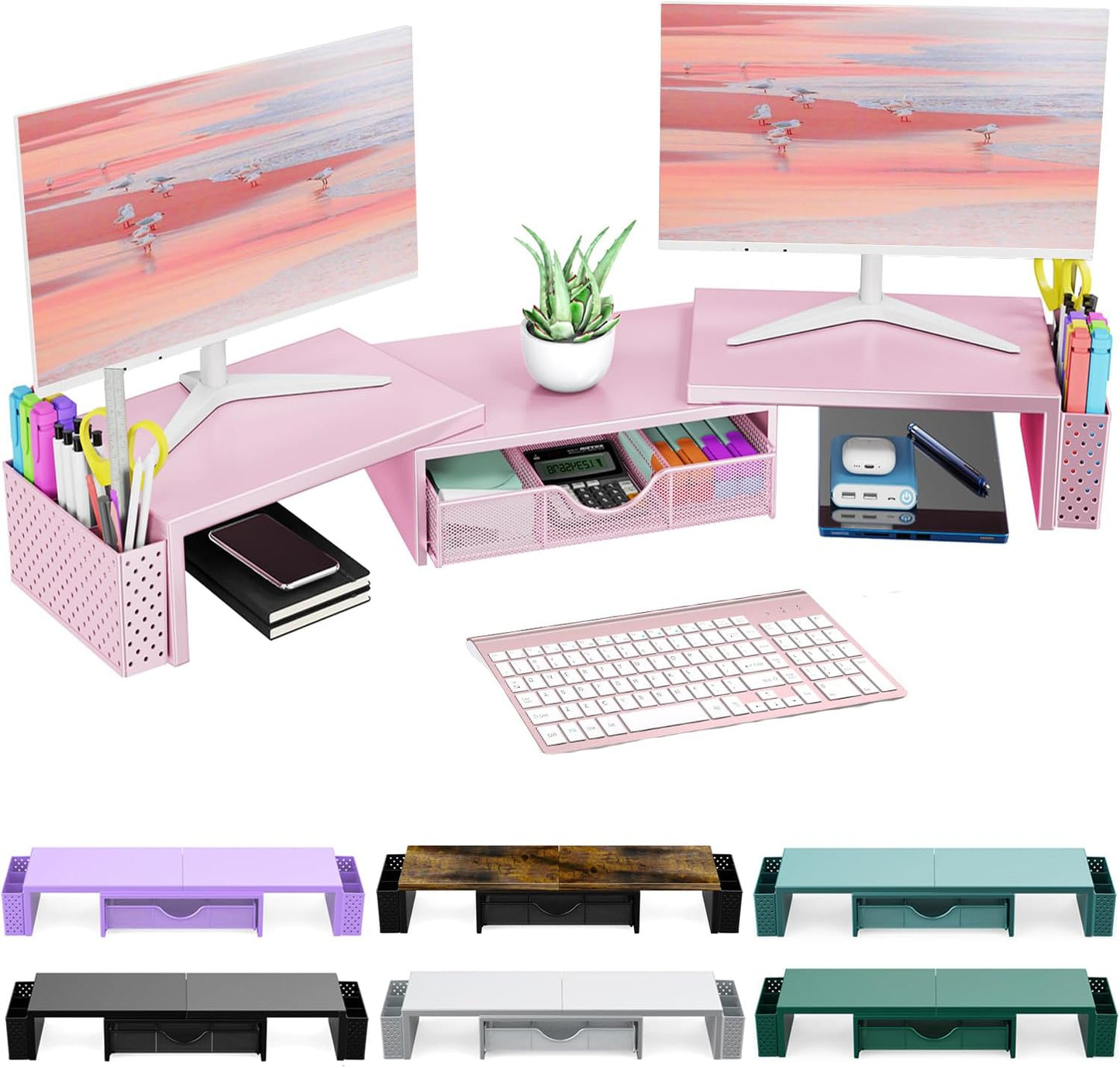 Spacrea Metal Desk Organizers and Accessories, Dual Monitor Stand Riser with Drawer and 2 Pen Holders, Desk Accessories & Workspace Desktop Organizers for Office Supplies (Pink)