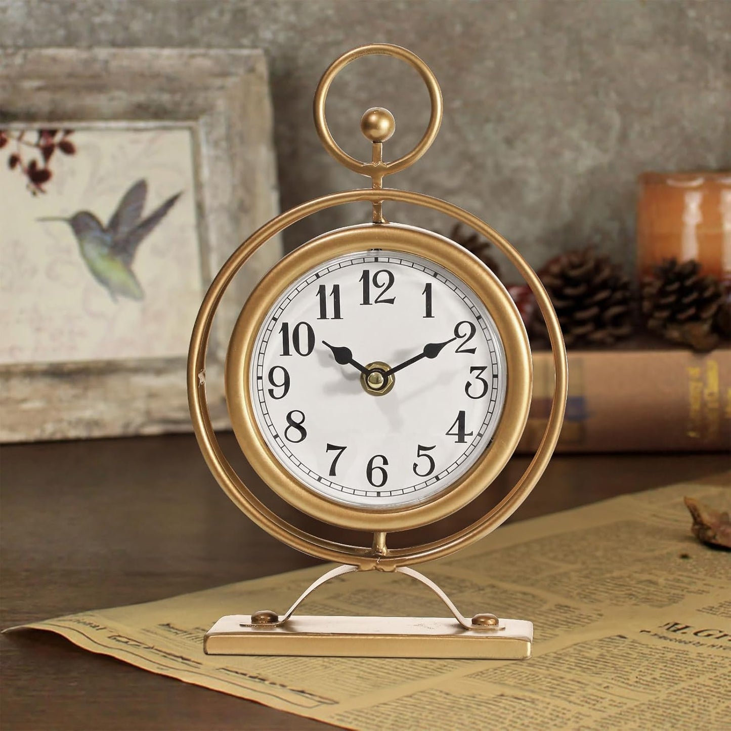 Vintage Table Clock on Stand, Decorative Metal Desk Clock, Small Antique Gold Silent Non-Ticking Battery Operated Farmhouse Shelf Table Clocks for Home Kitchen Bedroom Decor