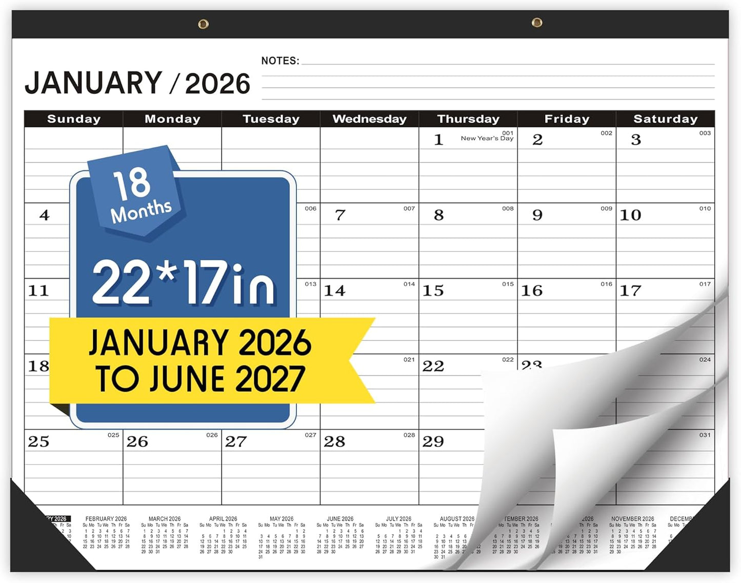 Desk Calendar 2026,January 2026 to June 2027,Desk calendar 2026 Large 22x17, Calendar 2026 with PVC Cover,Round Holes& NOTES List (Black),18 Months 2026 Desk Calender.