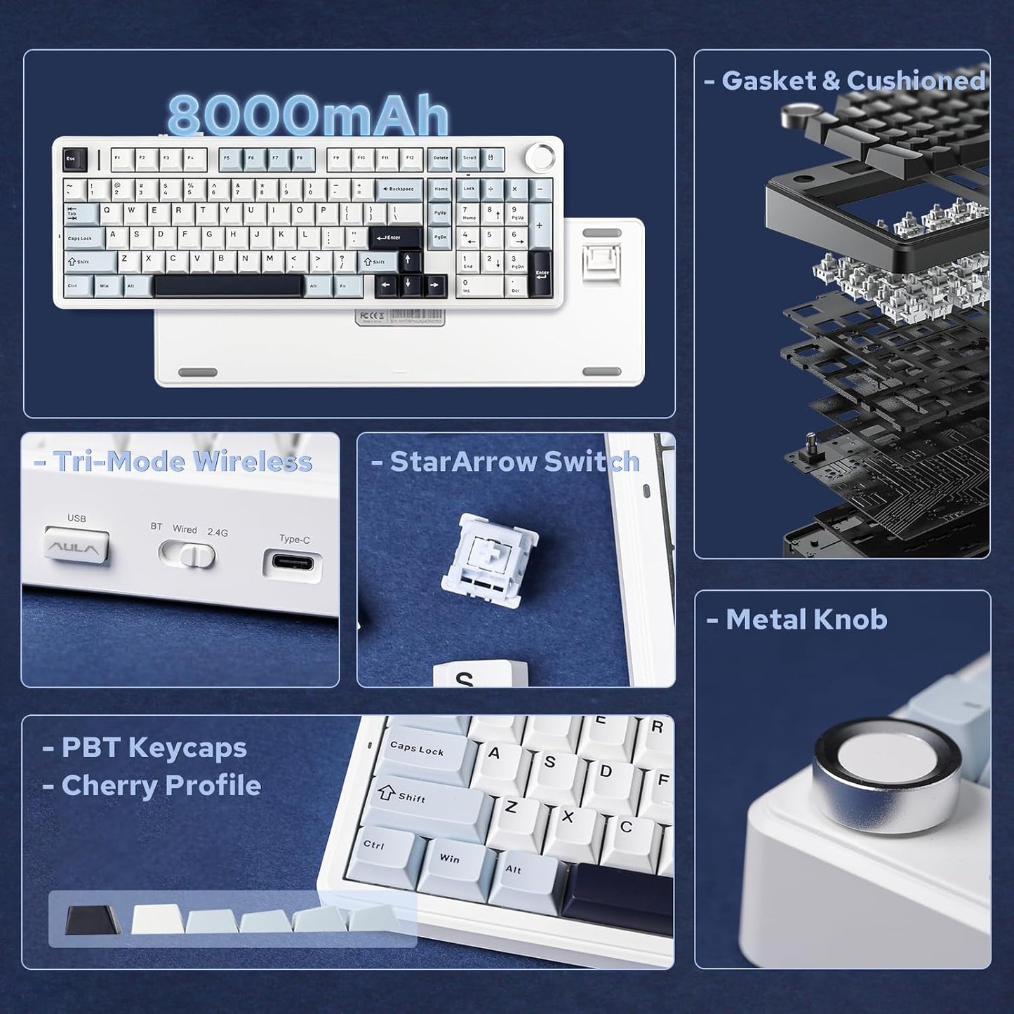 EPOMAKER X Aula F99 PRO Wireless Gaming Keyboard with 8000mAh Battery, Hot Swappable Creamy Keyboard, 2.4GHz/Type-C/BT5.0, NKRO, RGB Backlit for Win/Mac/Gaming (Blue&White)
