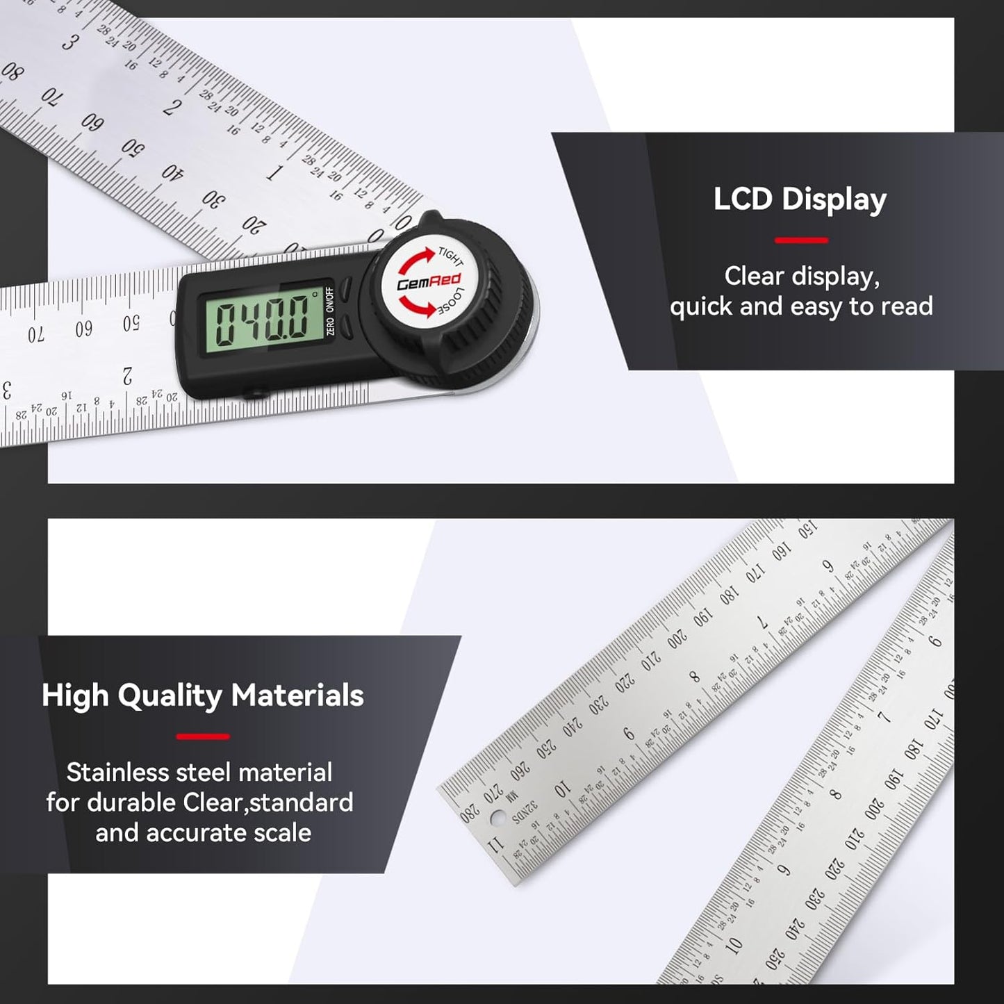 GemRed 82305 Digital Angle Finder Protractor (Stainless steel 300mm)