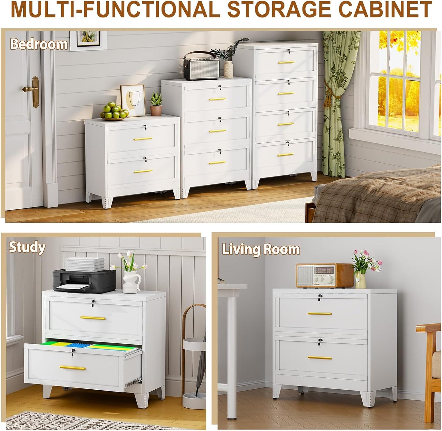 Metal Lateral File Cabinet with Lock,2 Drawer Steel Wide Filing Organization Storage Cabinets for Legal/Letter/A4/F4 Size with Hanging Files&Key,Lockable Printer Stand for Home Office, White