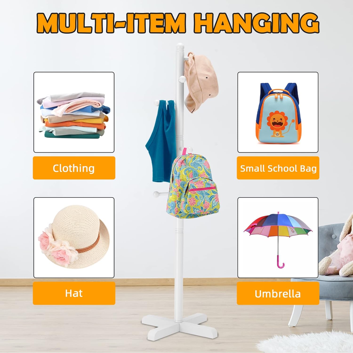 Kids Coat Rack, Freestanding Coat Racks with 8 Hooks 2 Adjustable Height, Tree Coat Rack for Bedroom, Hallway, Entrance, Office, Hats, Handbags,Purse (White) - Lumora Desk